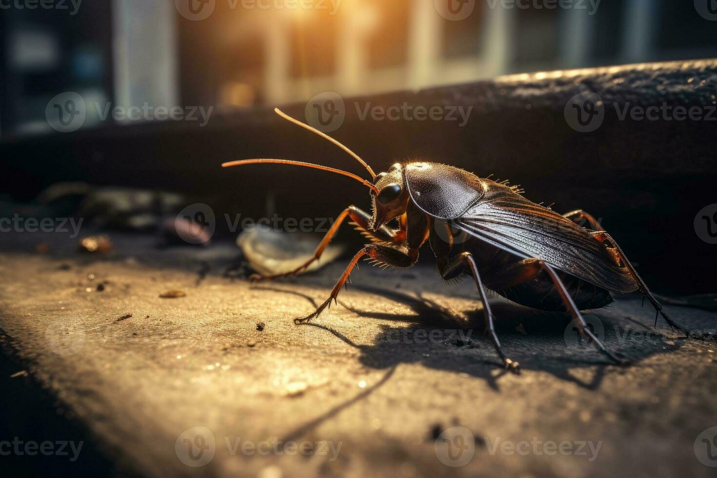 A close - up of a cockroach in urban alley. Generative AI photo