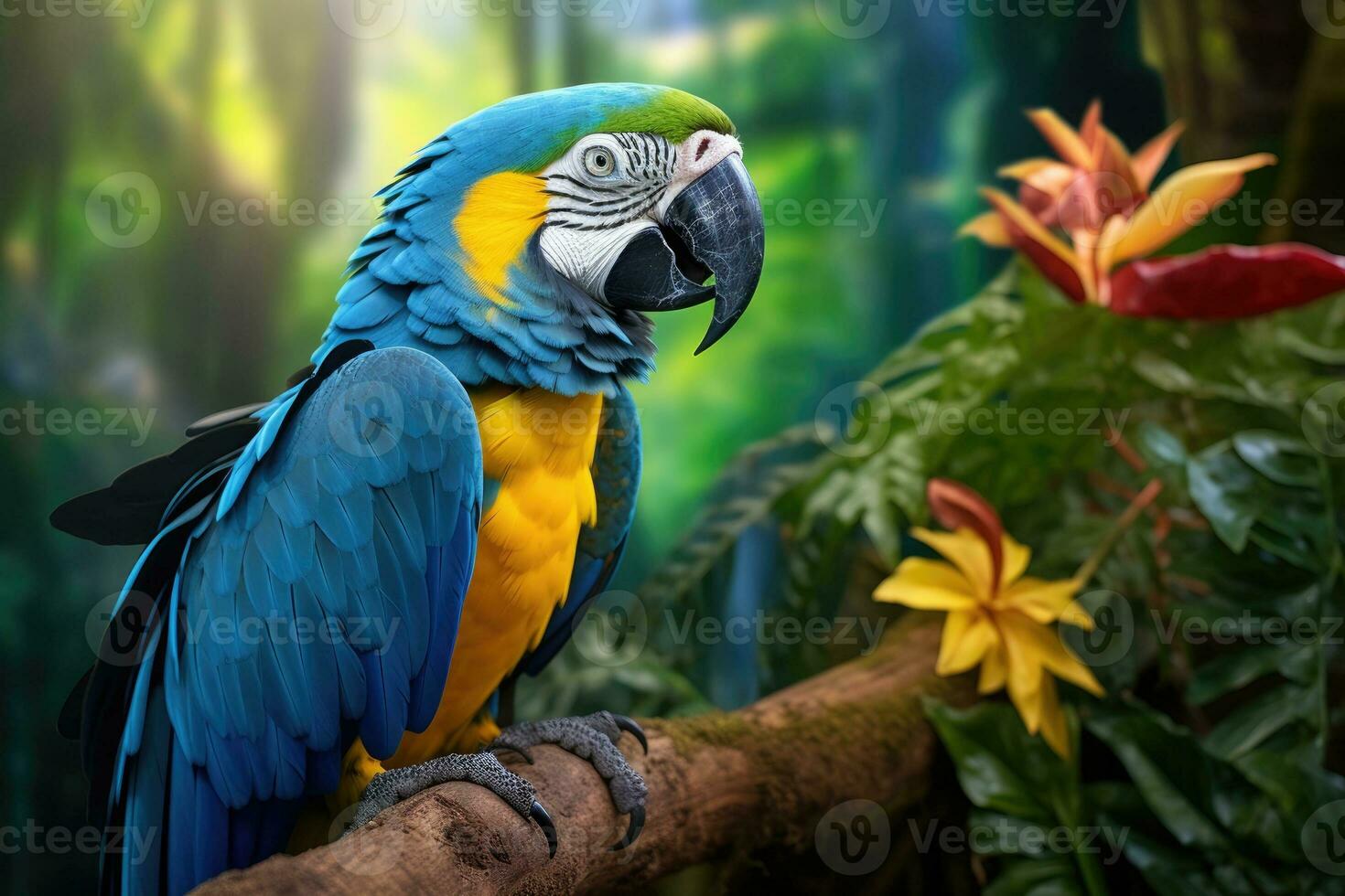 Blue scarlet macaw parrot in jungle. Generative AI photo