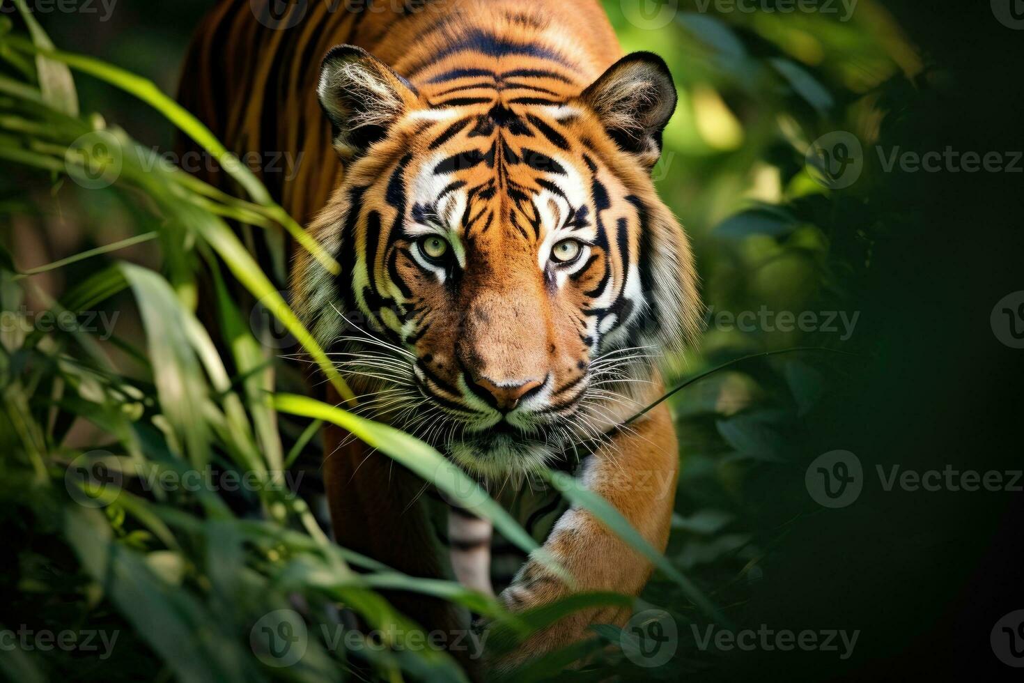 Portrait of Sumatran tiger in a jungle, Panthera tigris sumatrae. Generative AI photo