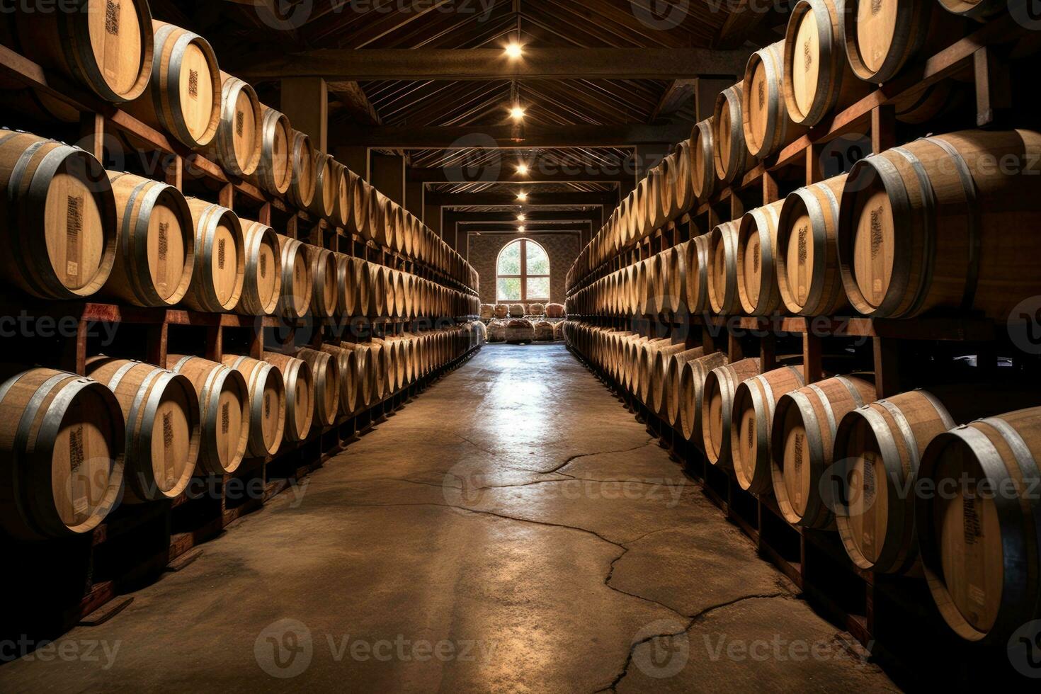 Wooden oak barrels for wine in the cellar. Generative AI photo