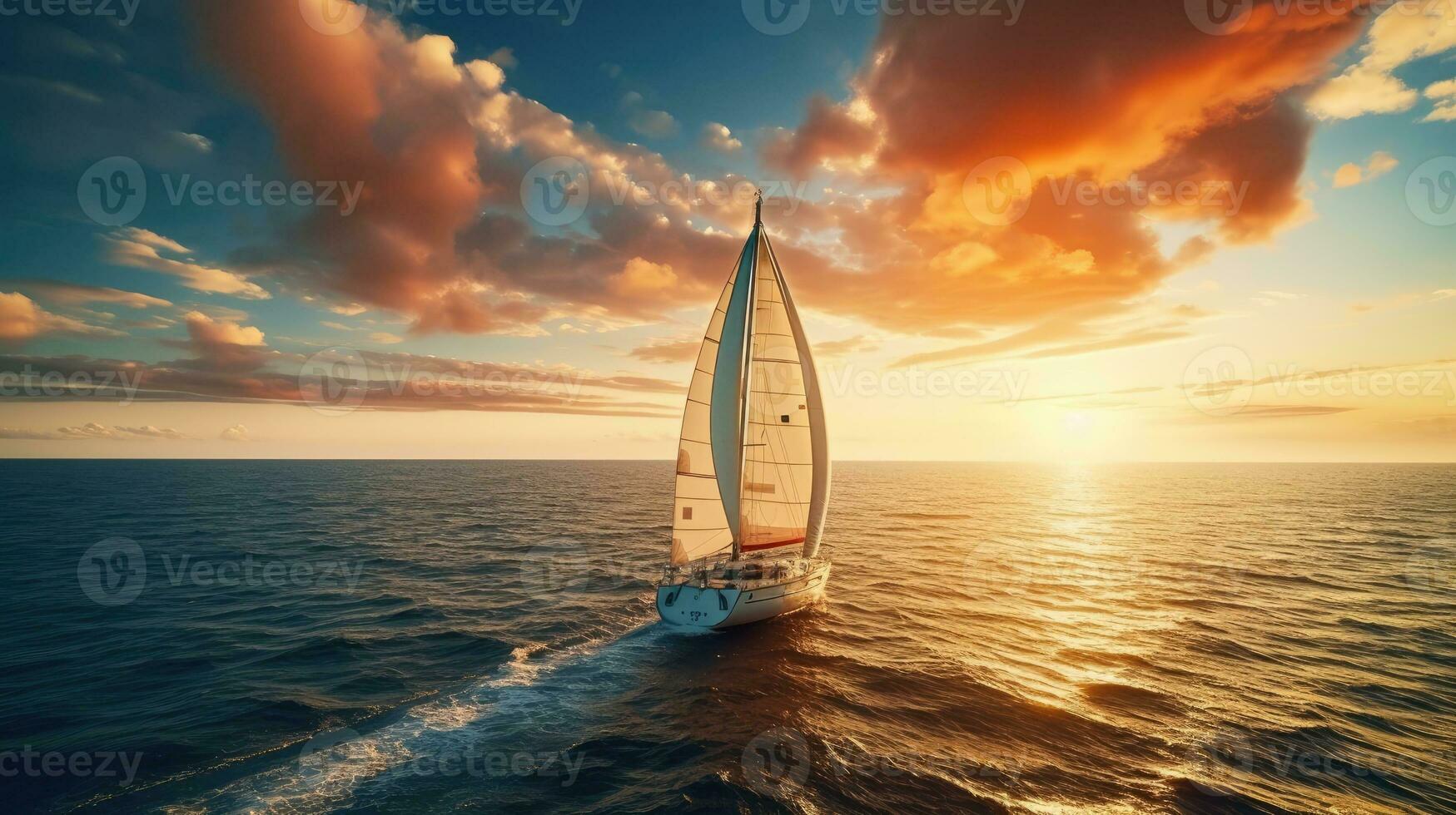 Yacht sailing in an open sea at sunset. Generative AI photo