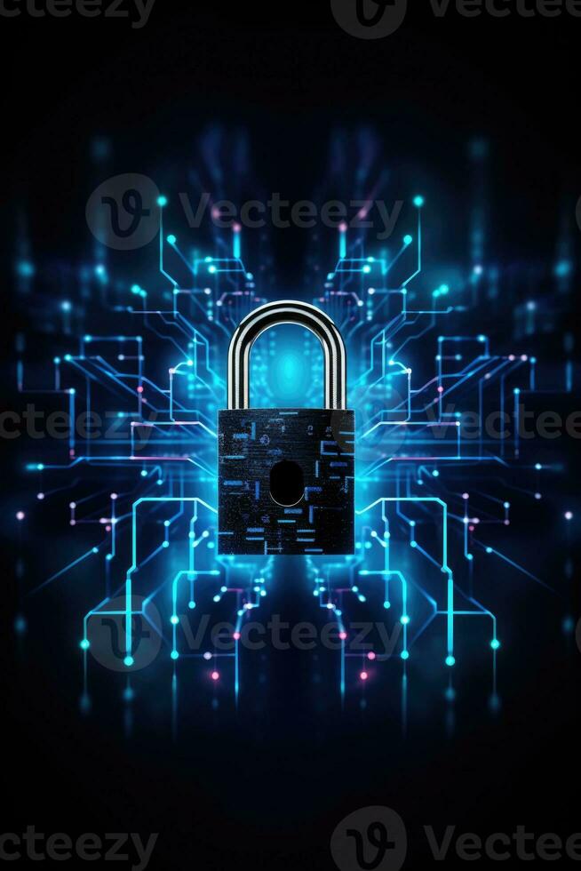 Cyber security concept. Lock and connection network symbol on blue background. Generative AI photo