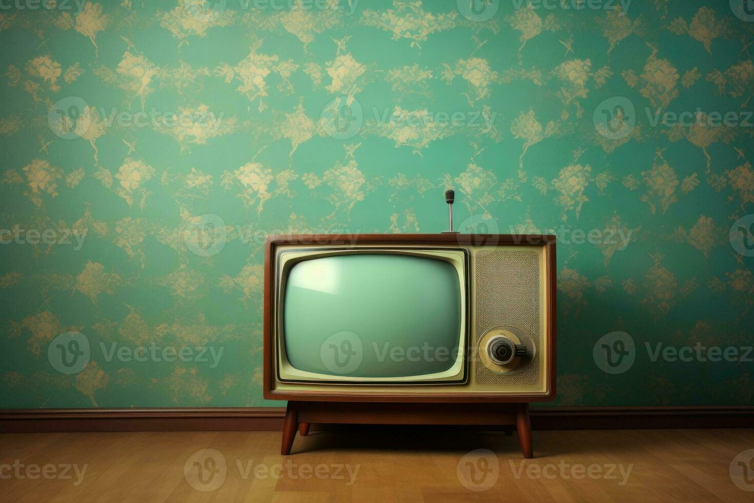 Vintage TV against retro wall. Generative AI photo