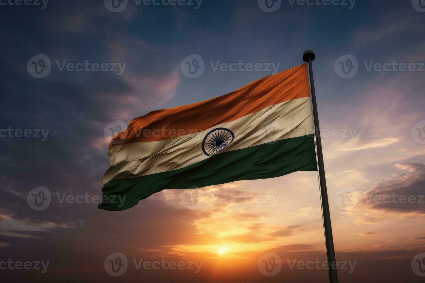 Indian flag waving on blue sky background. Generative AI photo