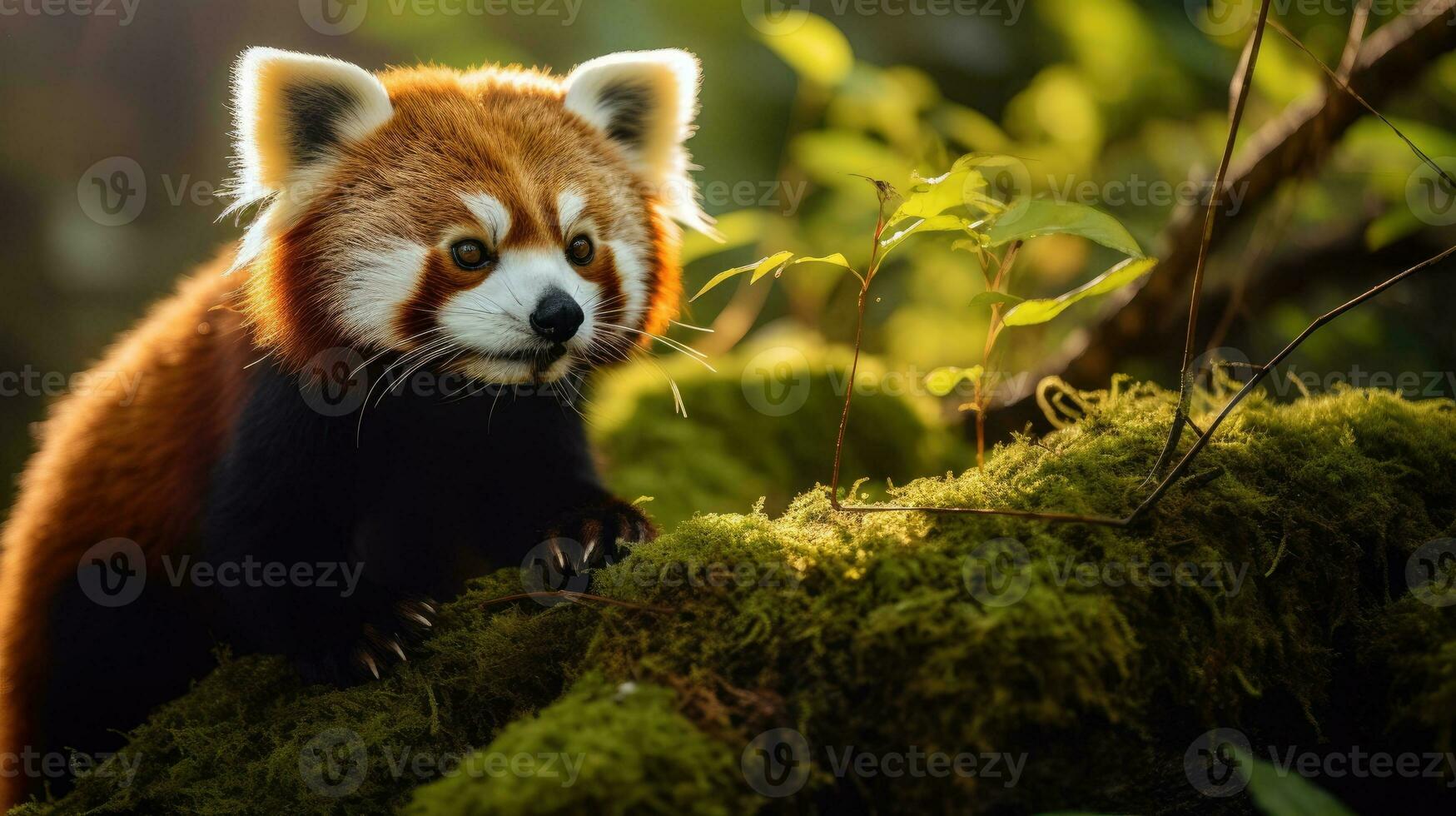 Red panda perched on a mossy branch in forest. Generative AI photo