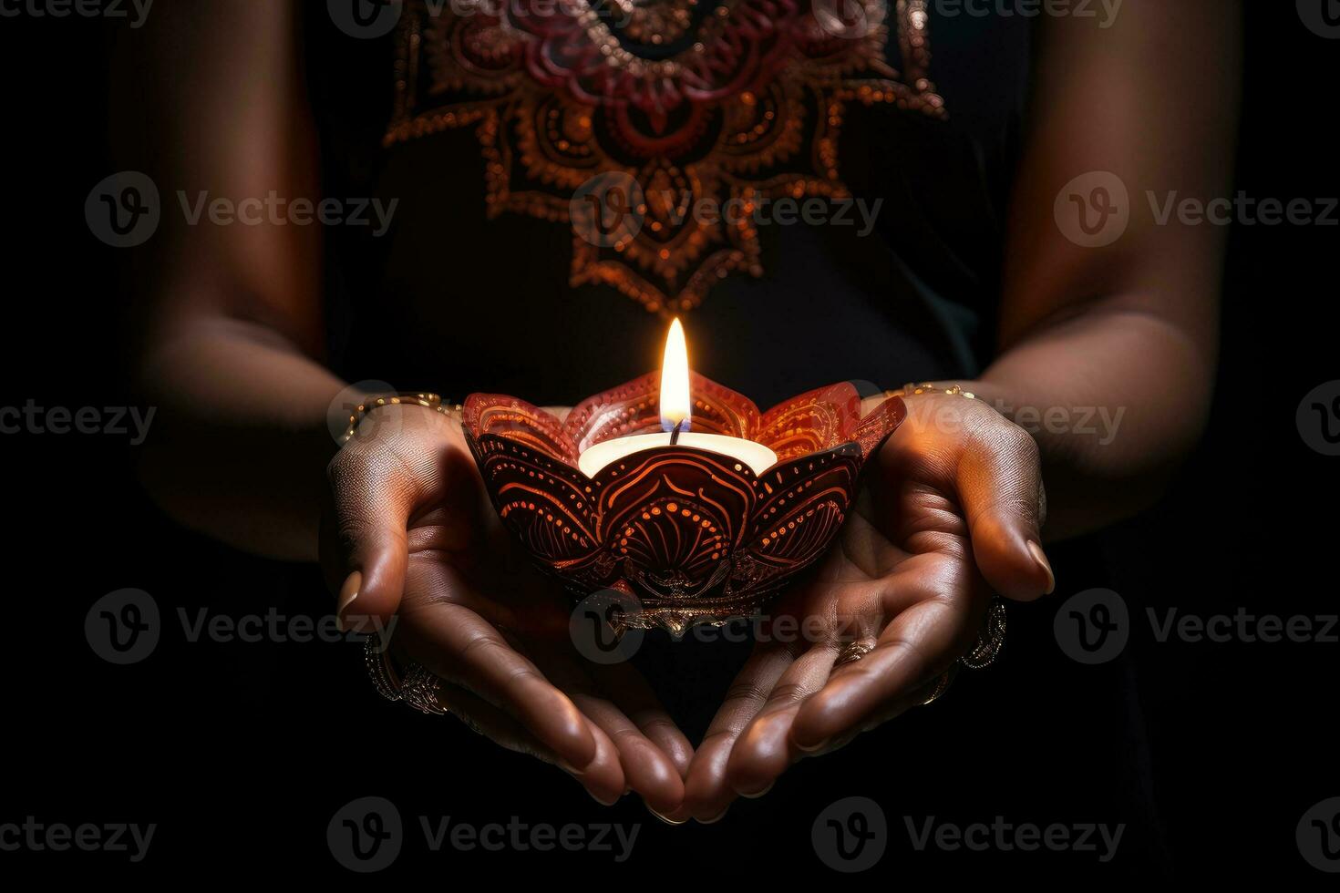 Woman hands with henna holding colorful clay diya lamps lit during diwali celebration. AI Generative photo