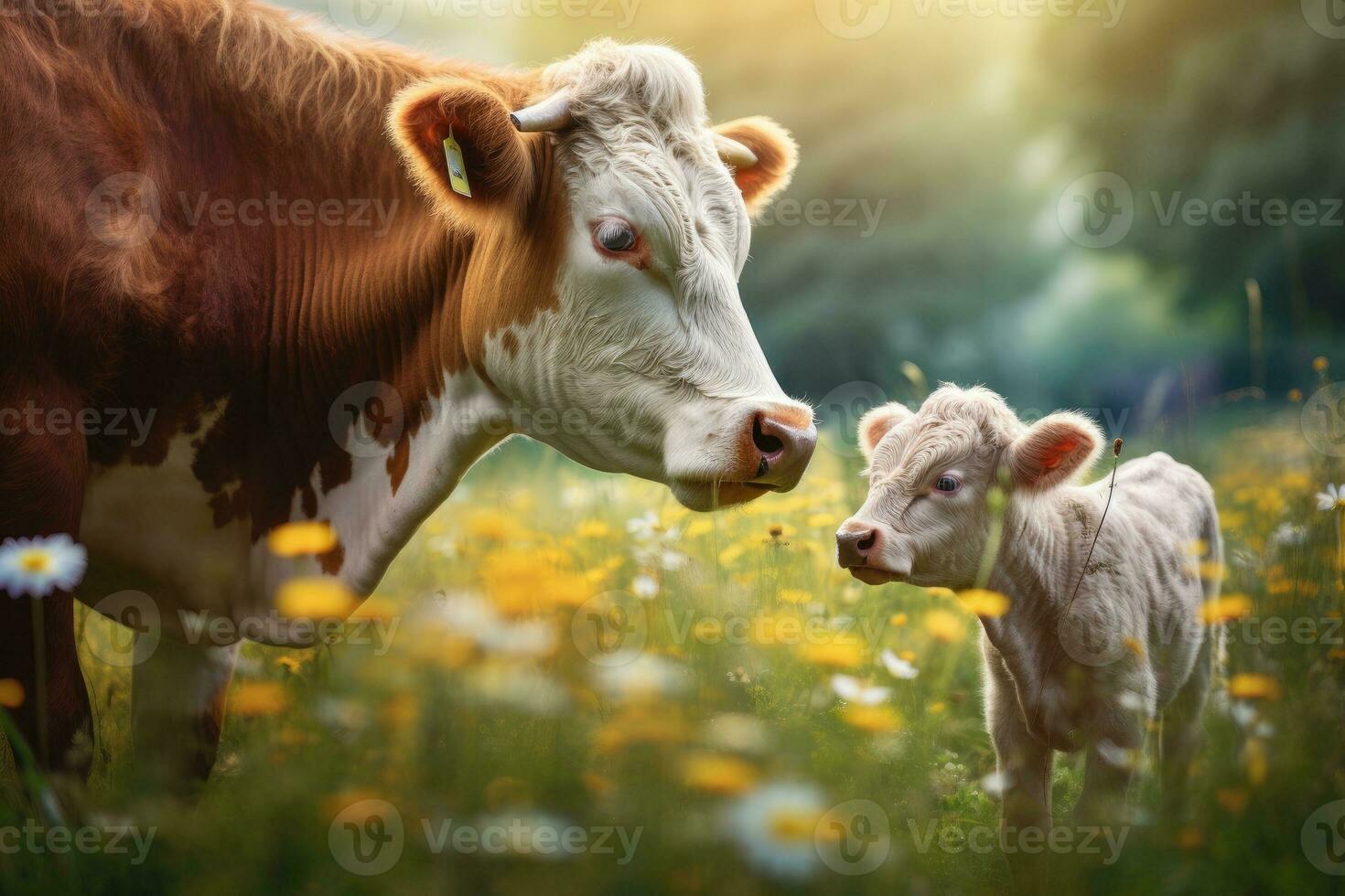 A rural scene with a cow and a calf in a green meadow. Generative AI photo