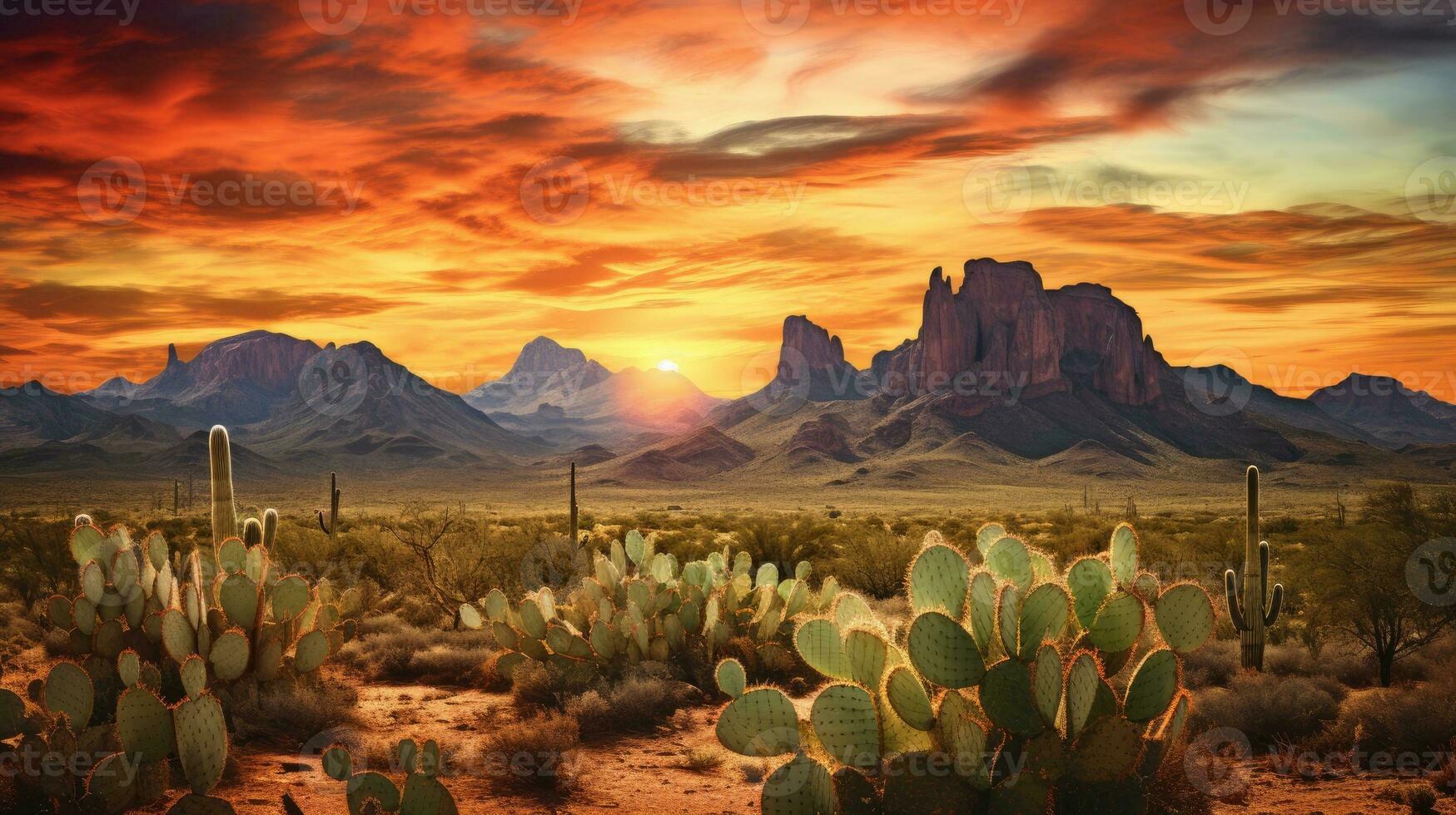 Wild West Texas desert landscape with sunset with mountains and cacti. Generative AI photo