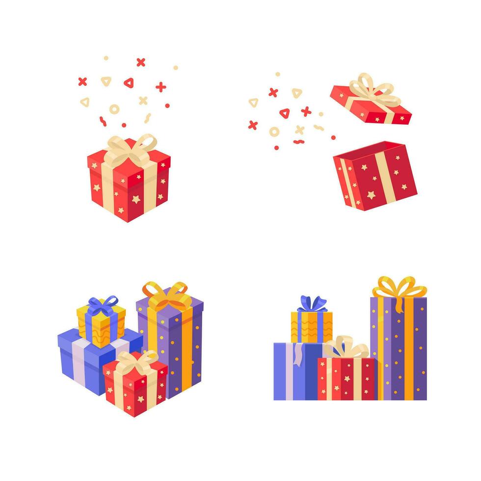 conjunto regalo caja plano dibujos animados estilo cumpleaños Navidad vector
