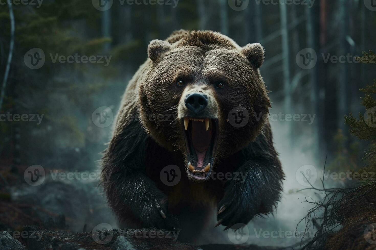 Roaring bear in the forest. Generative AI photo