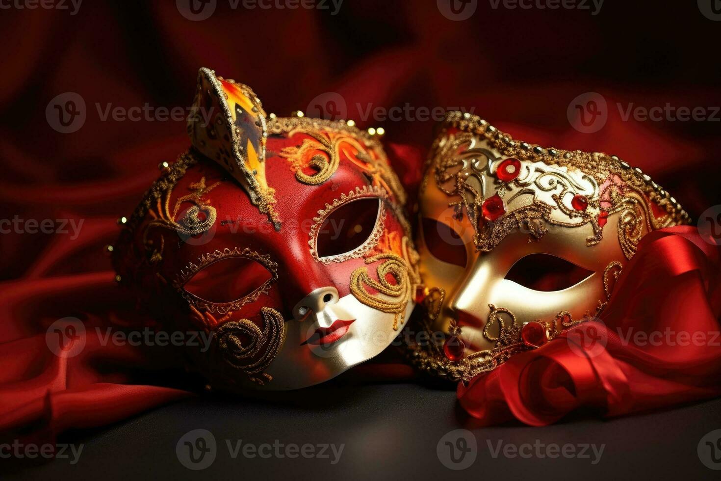 Festive Venetian carnival mask with gold decorations on red background. Generative AI photo