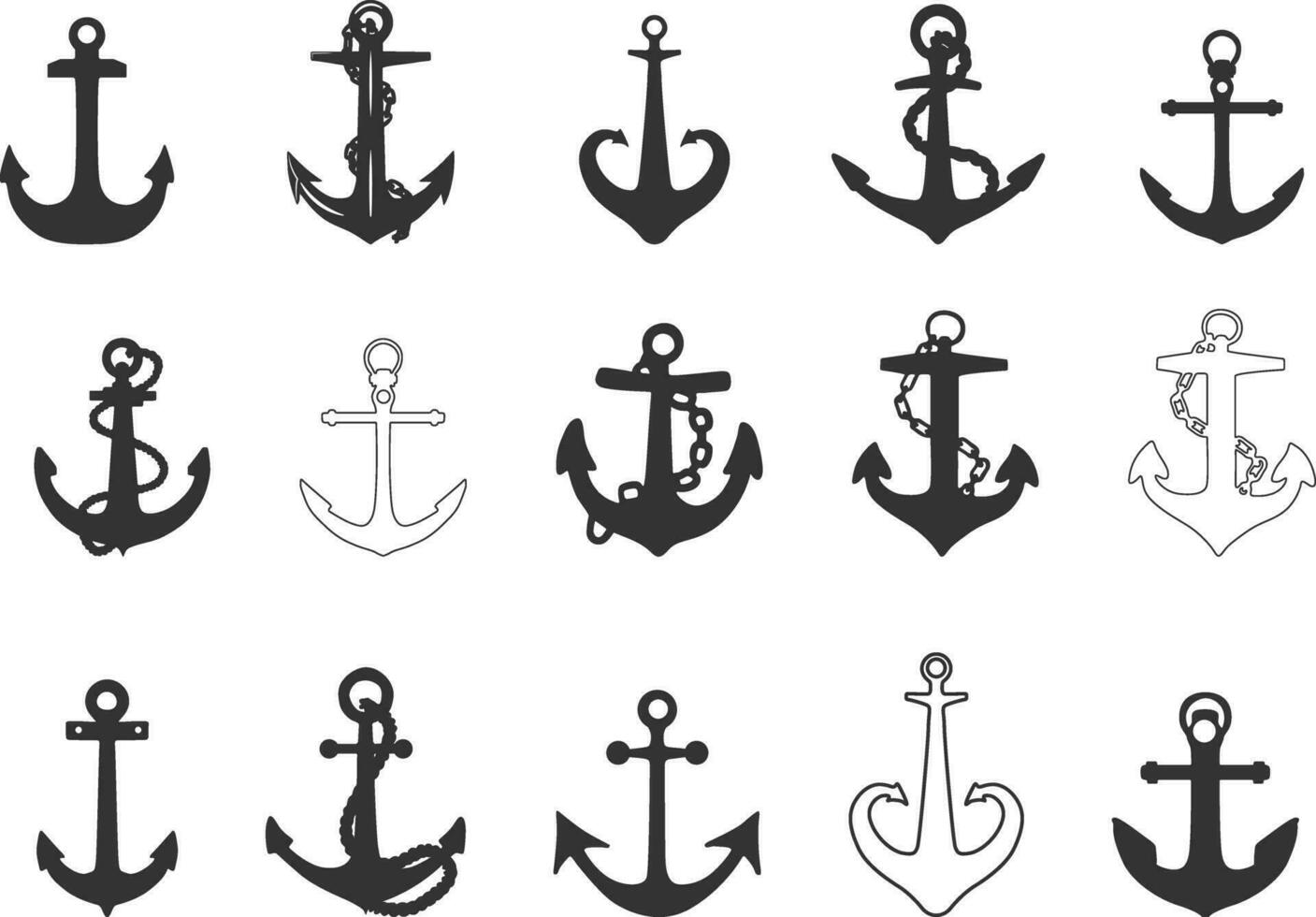Ship Anchor Silhouette, Anchors Icons Set, Ship Anchor Vector, Anchor Silhouette vector