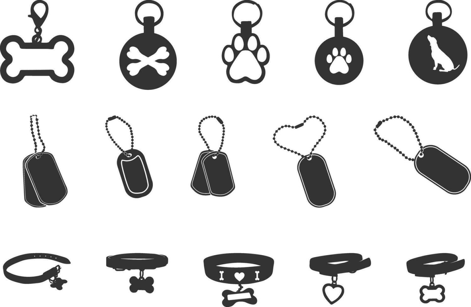 Dog tag silhouette, Dog tag army silhouettes, Dog collar silhouette, Dog ring silhouettes, Military dog tag silhouettes vector