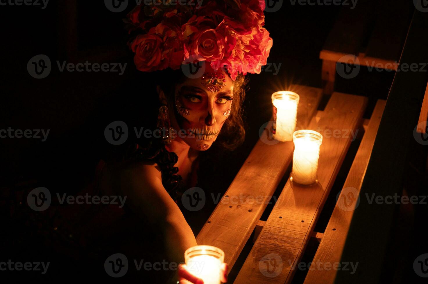 Calavera Catrina sitting on a throne. Sugar skull makeup. Dia de los muertos. Day of The Dead. Halloween. photo