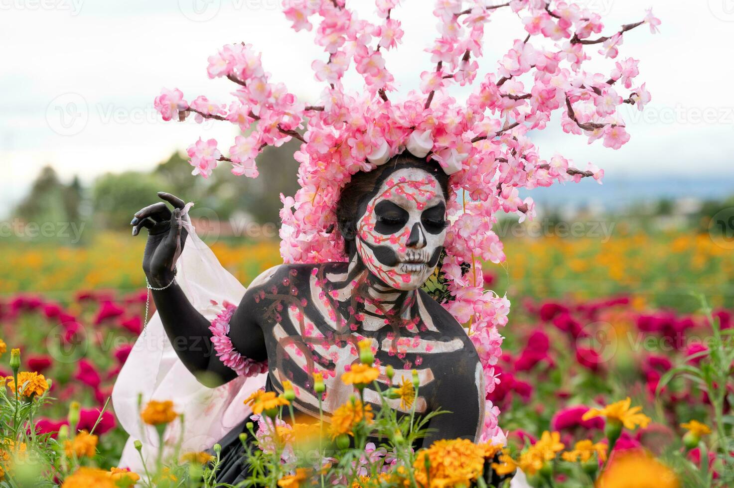 Glorious Elegance in the Heart of Cholula Cempasuchil Fields A Mesmerizing Day of the Dead Photoshoot, Featuring a Stunning Woman Transformed into a Catrina, Paying to the Tradition of die de muertos photo