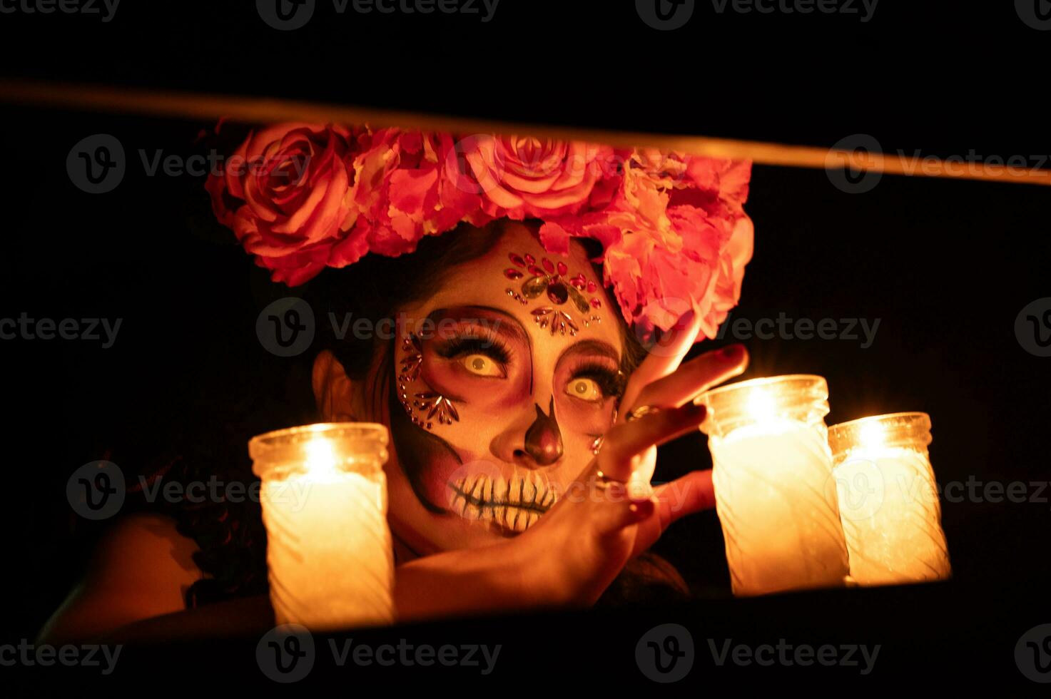 Calavera Catrina sitting on a throne. Sugar skull makeup. Dia de los muertos. Day of The Dead. Halloween. photo