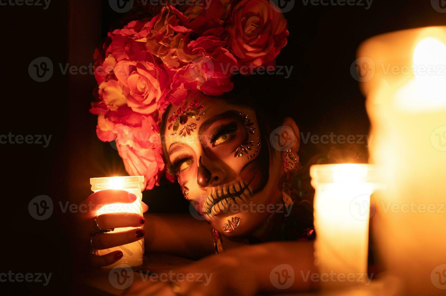 Calavera Catrina sitting on a throne. Sugar skull makeup. Dia de los muertos. Day of The Dead. Halloween. photo