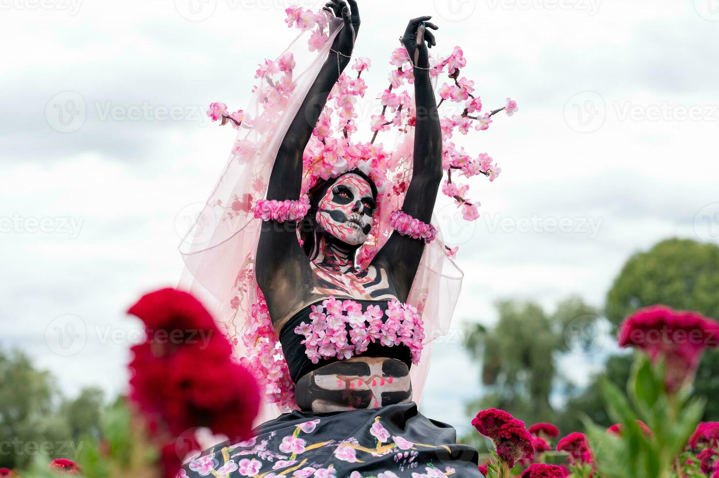 Glorious Elegance in the Heart of Cholula Cempasuchil Fields A Mesmerizing Day of the Dead Photoshoot, Featuring a Stunning Woman Transformed into a Catrina, Paying to the Tradition of die de muertos photo