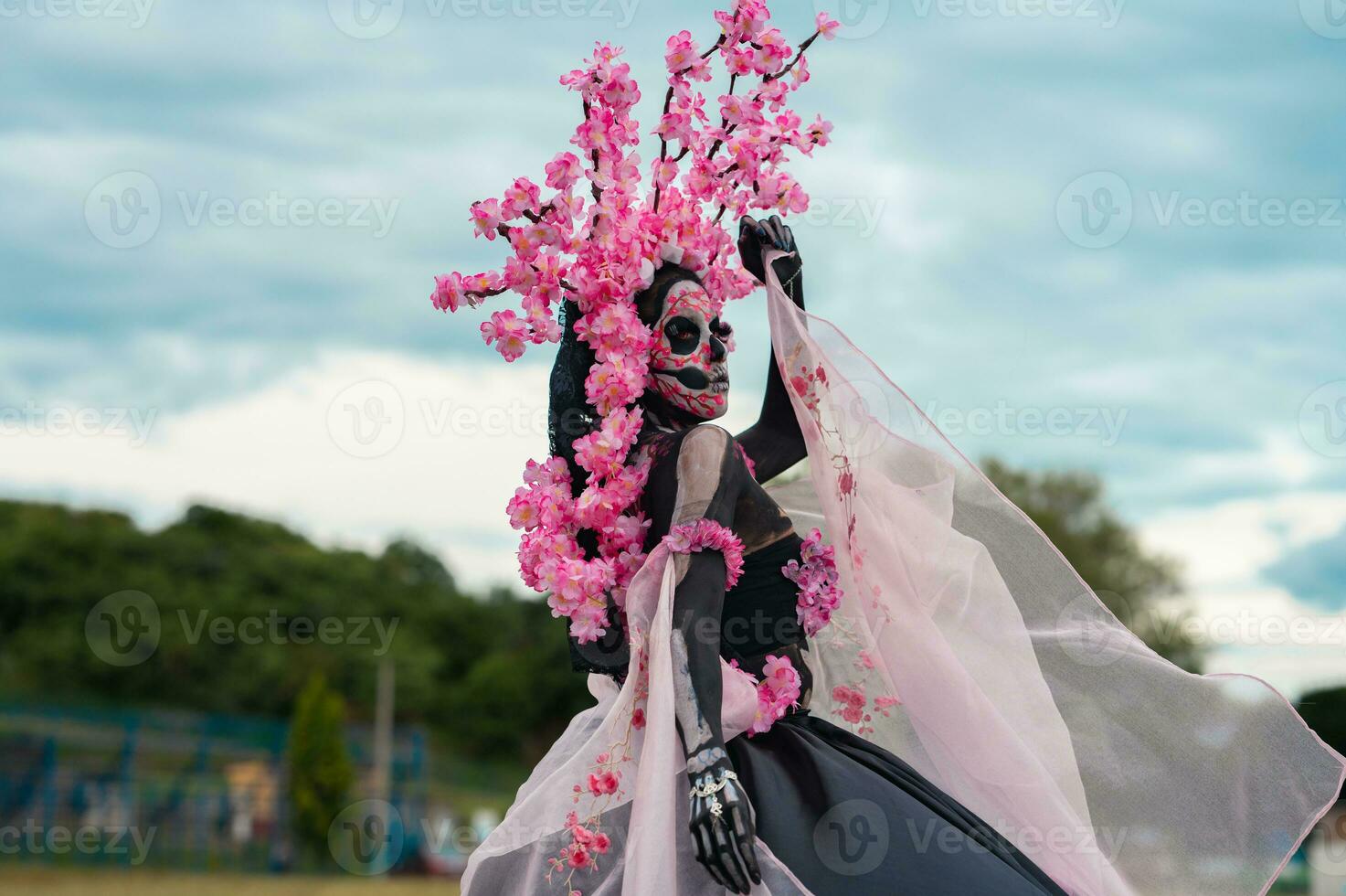 Enchanting Catrina A Dia de los Muertos Photoshoot in Cholula Cempasuchil Fields, Framed by the Iconic Cholula Church, Celebrating Beauty and Tradition photo