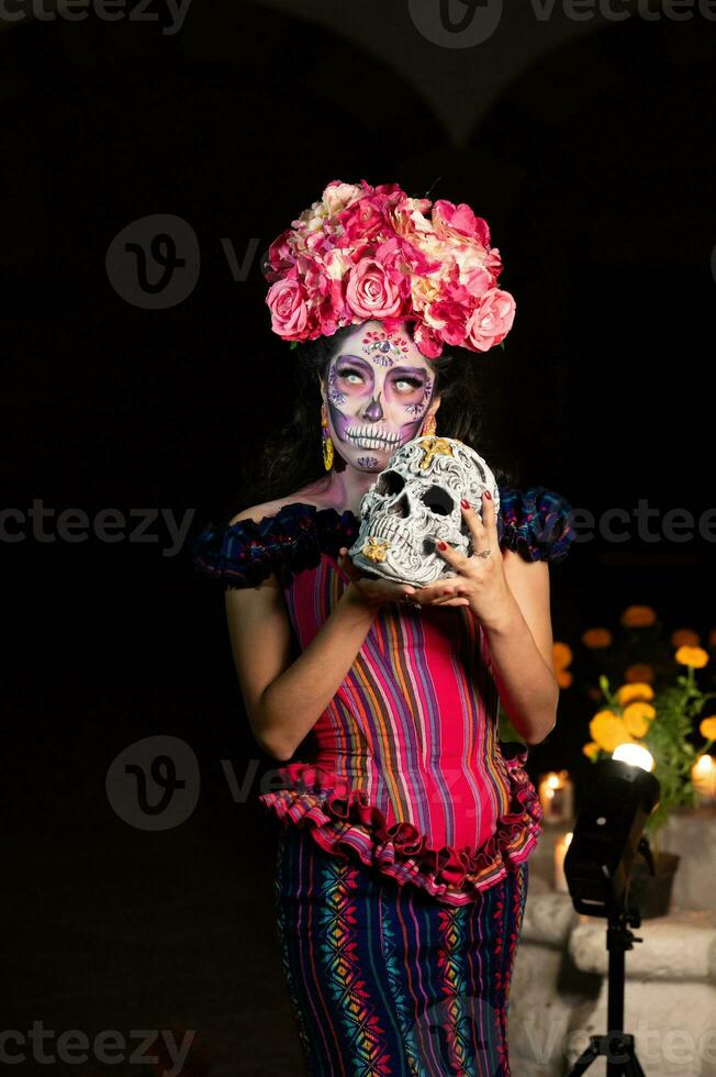 Calavera Catrina sitting on a throne. Sugar skull makeup. Dia de los muertos. Day of The Dead. Halloween. photo