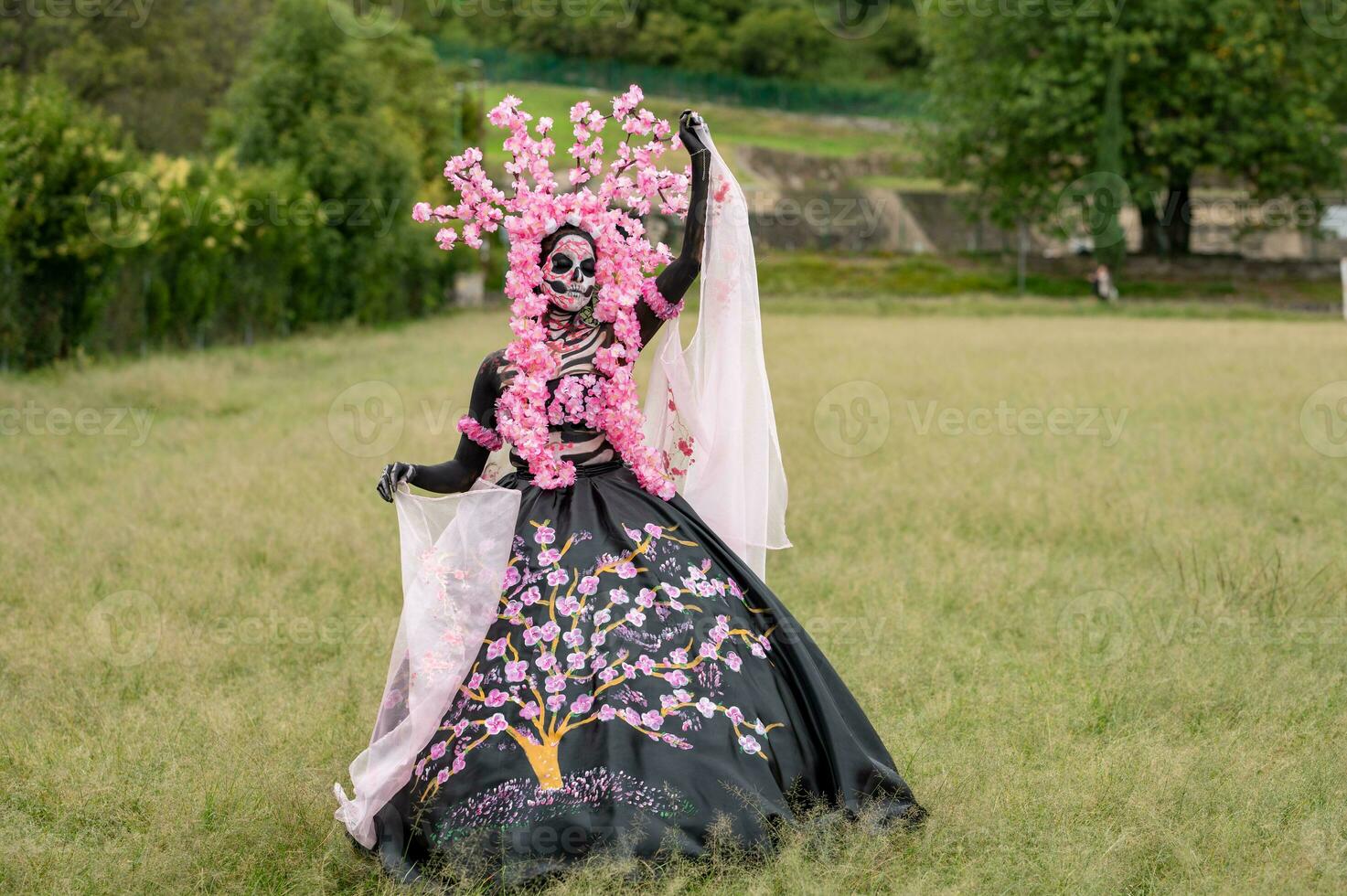 Enchanting Catrina A Dia de los Muertos Photoshoot in Cholula's Cempasuchil Fields, Framed by the Iconic Cholula Church Celebrating Beauty Tradition and the Enchanting Pink Smoke photo