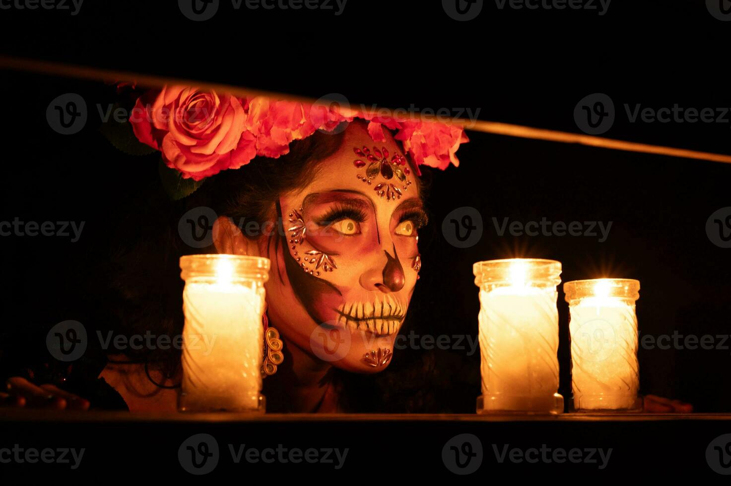 Calavera Catrina sitting on a throne. Sugar skull makeup. Dia de los muertos. Day of The Dead. Halloween. photo