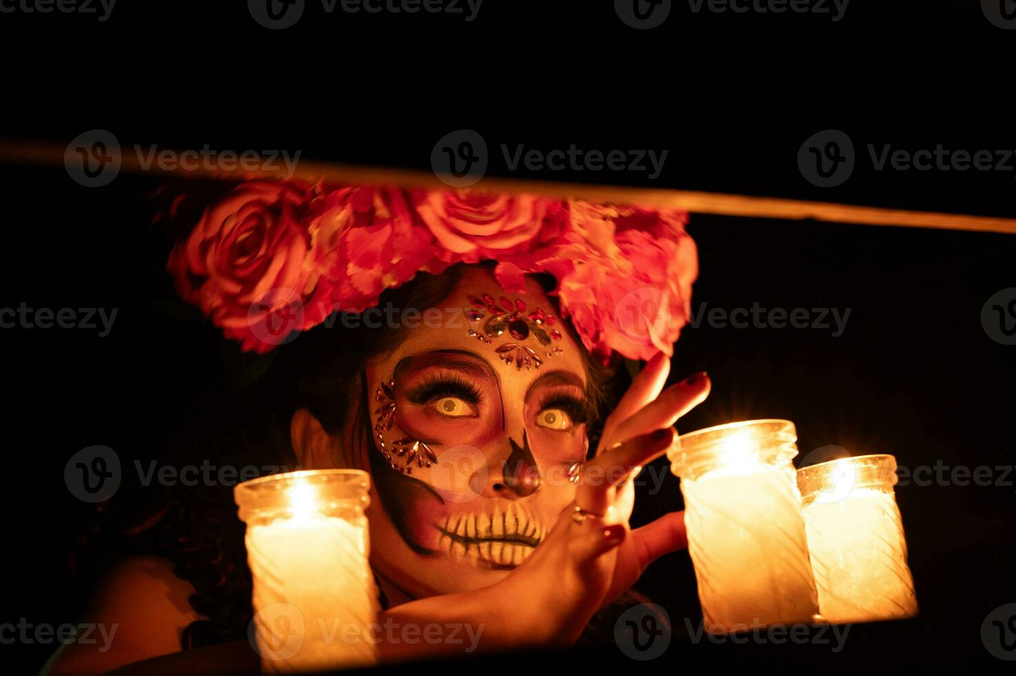 Calavera Catrina sitting on a throne. Sugar skull makeup. Dia de los muertos. Day of The Dead. Halloween. photo