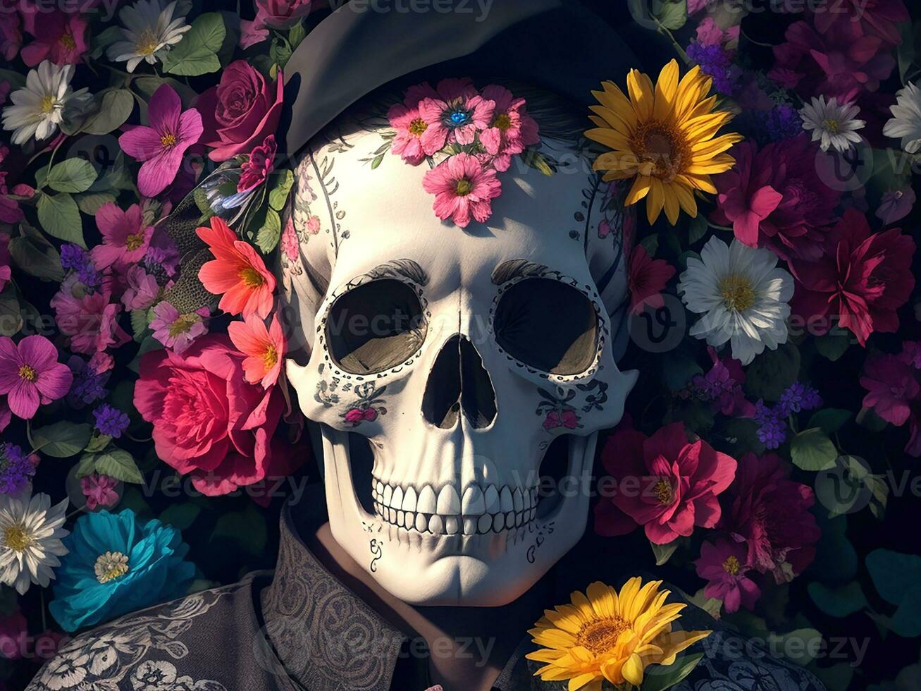 Day Of The Dead. Skull With Flowers. Generative Ai photo