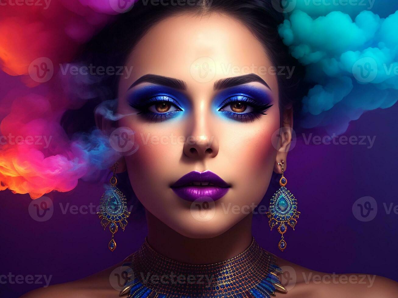 A Beautiful Woman With A Colorful Smoke Effect. Generative Ai photo