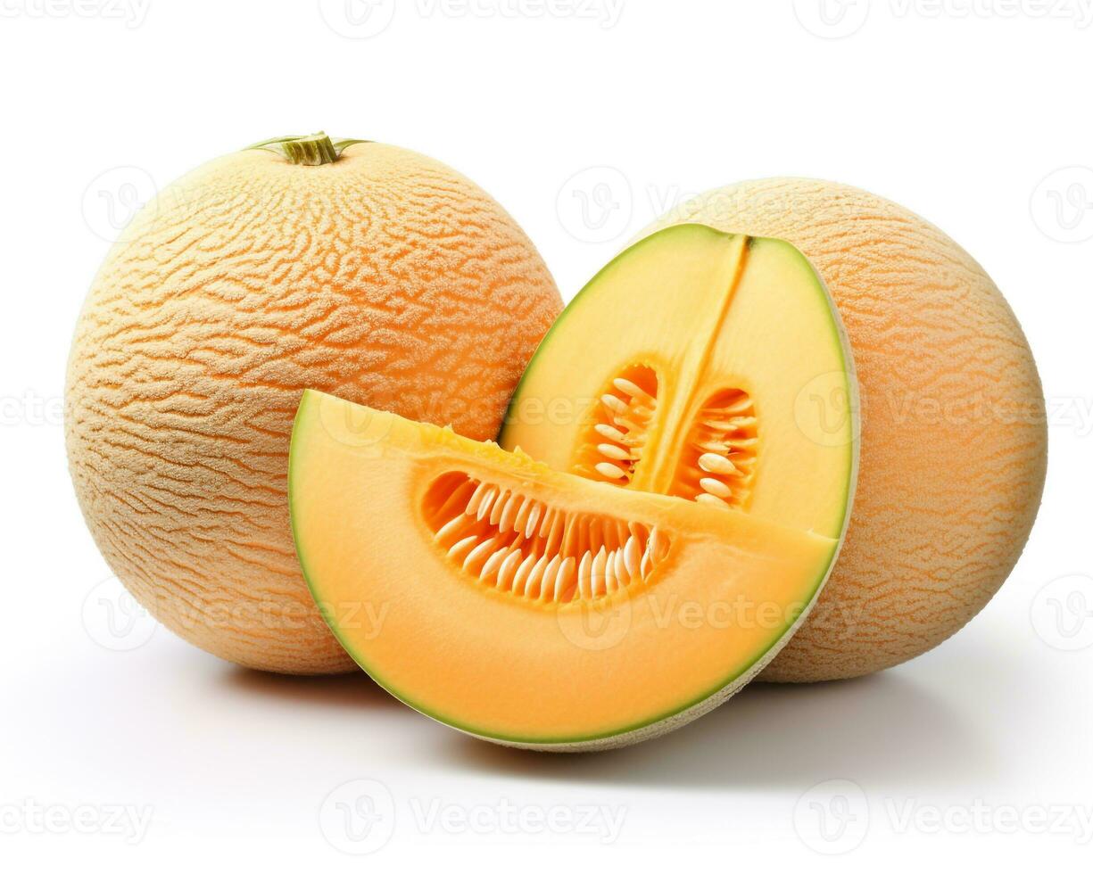 Photo of Cantaloupe isolated on white background. Generative AI