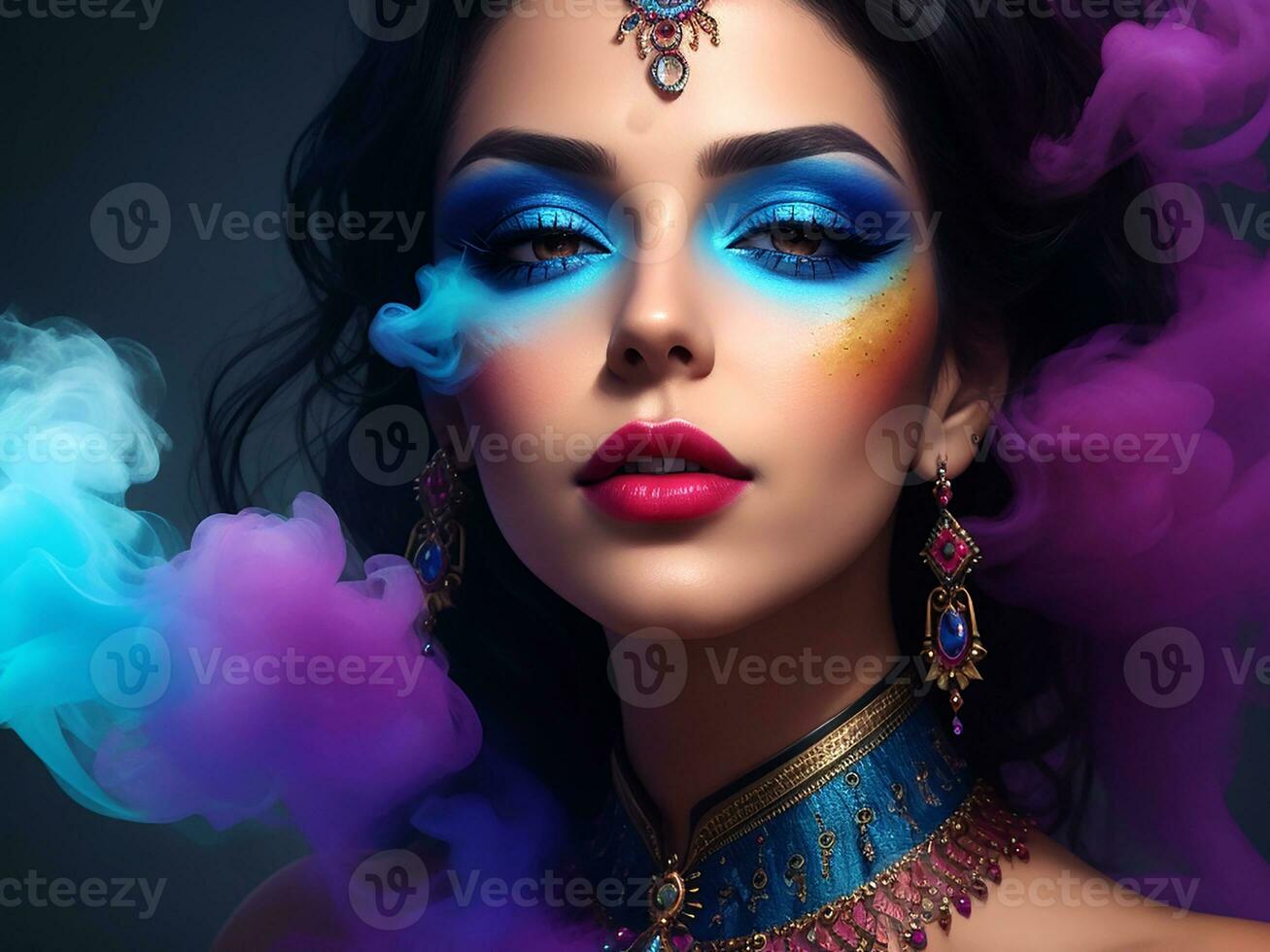 A Beautiful Woman With A Colorful Smoke Effect. Generative Ai photo