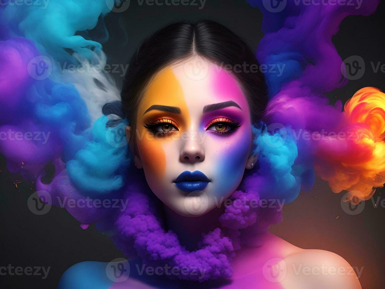 A Beautiful Woman With A Colorful Smoke Effect. Generative Ai photo