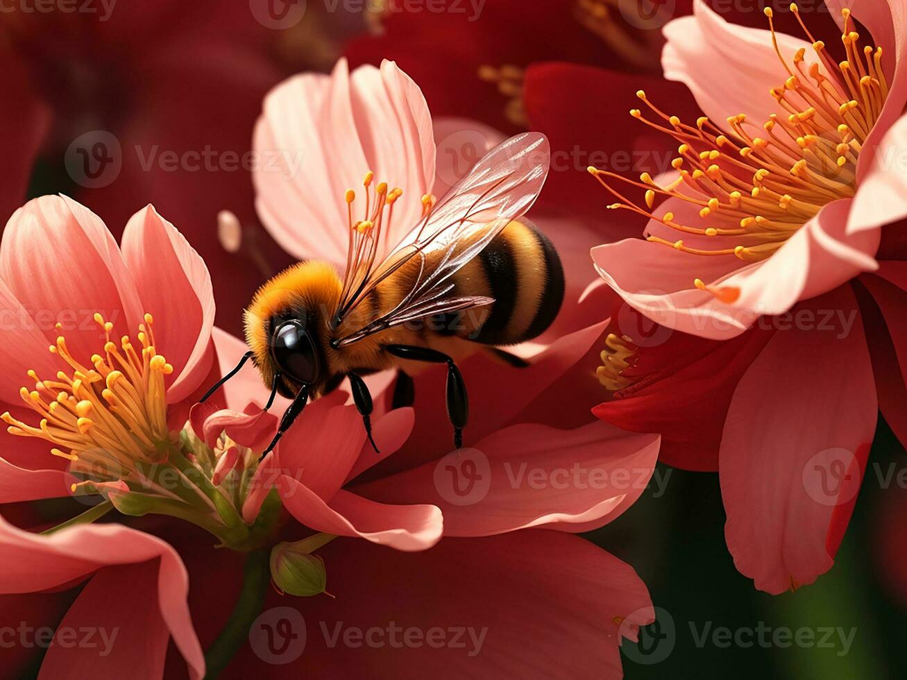 Crimson blossom, a bee Background. Generative Ai photo