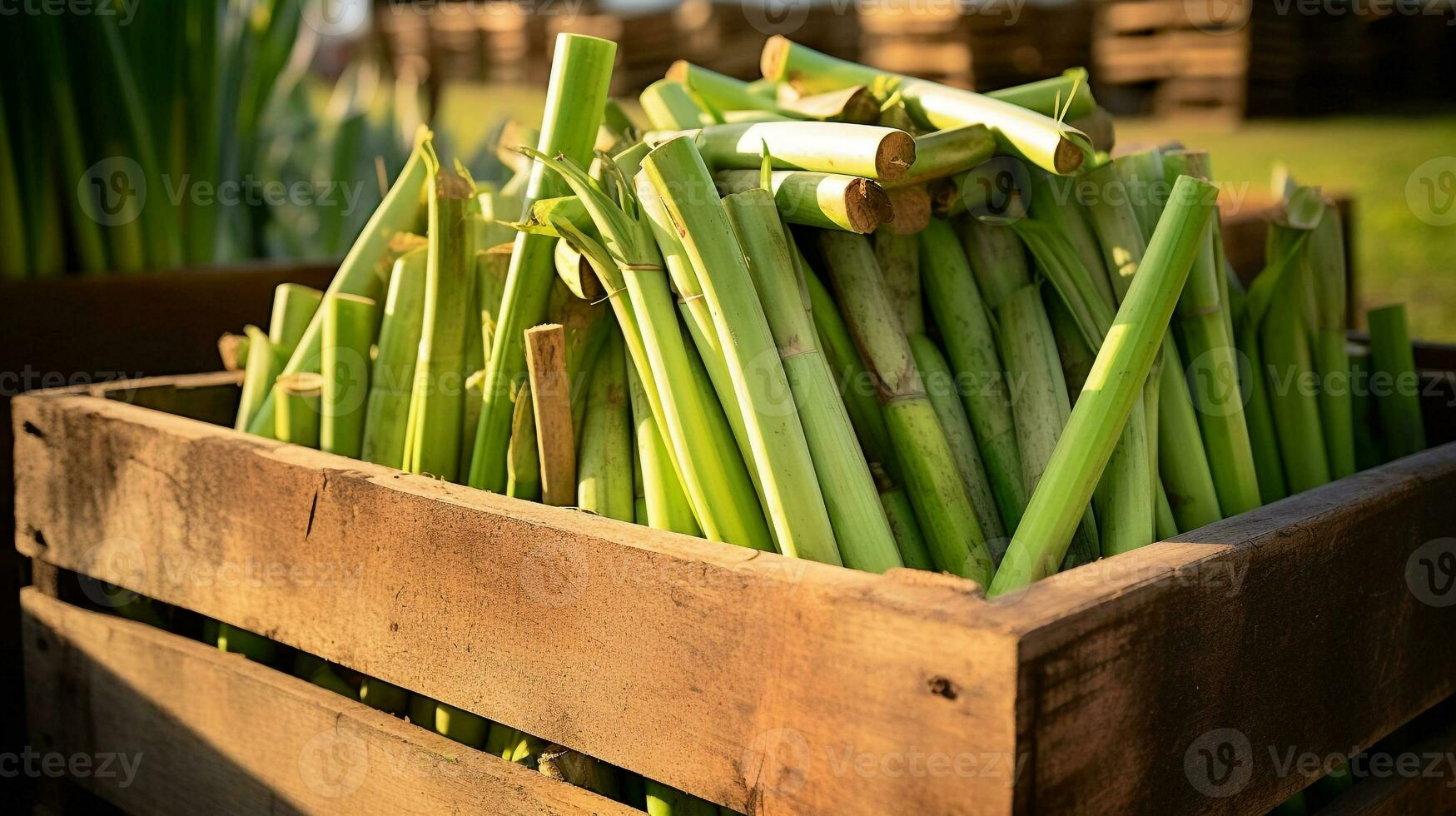 recién escogido Caña de azúcar Fruta desde jardín metido en el cajas generativo ai foto