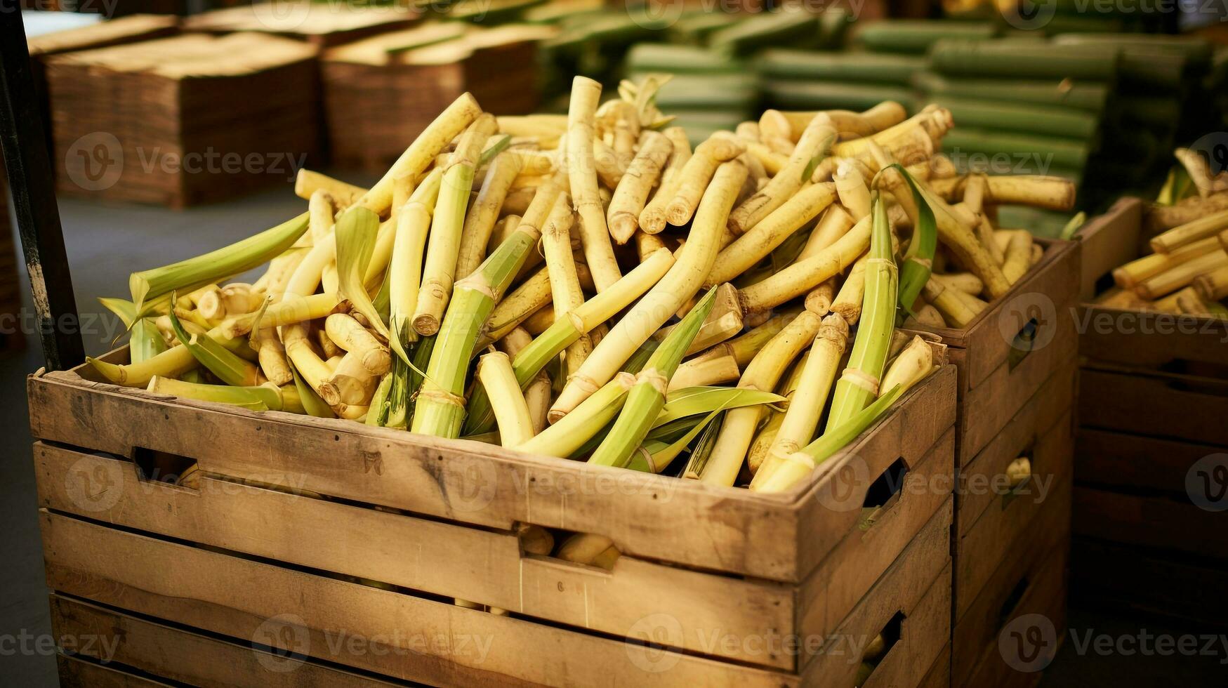 Freshly picked Sugarcane fruit from garden placed in the boxes. Generative AI photo