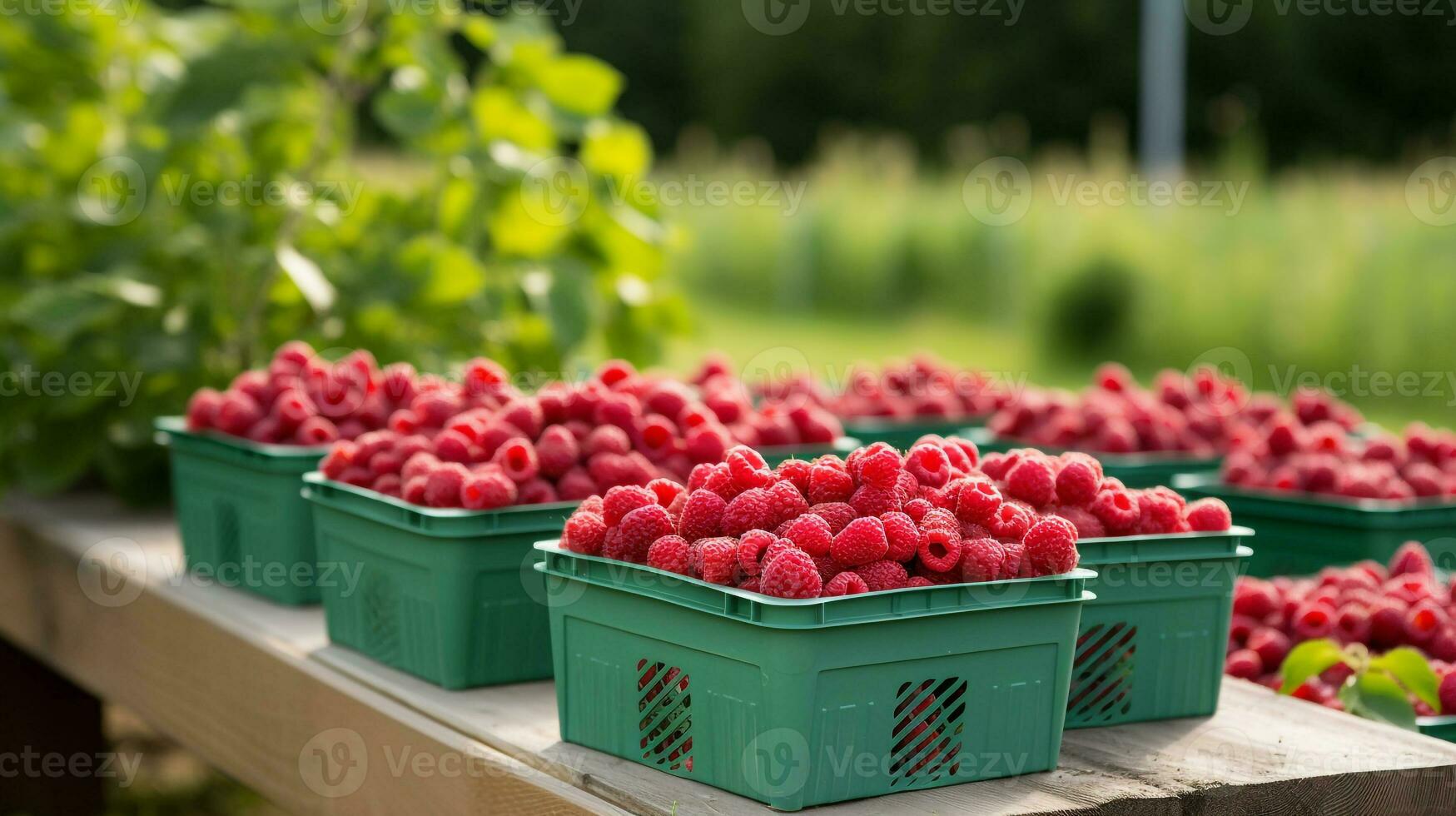 recién escogido rojo frambuesa Fruta desde jardín metido en el cajas generativo ai foto