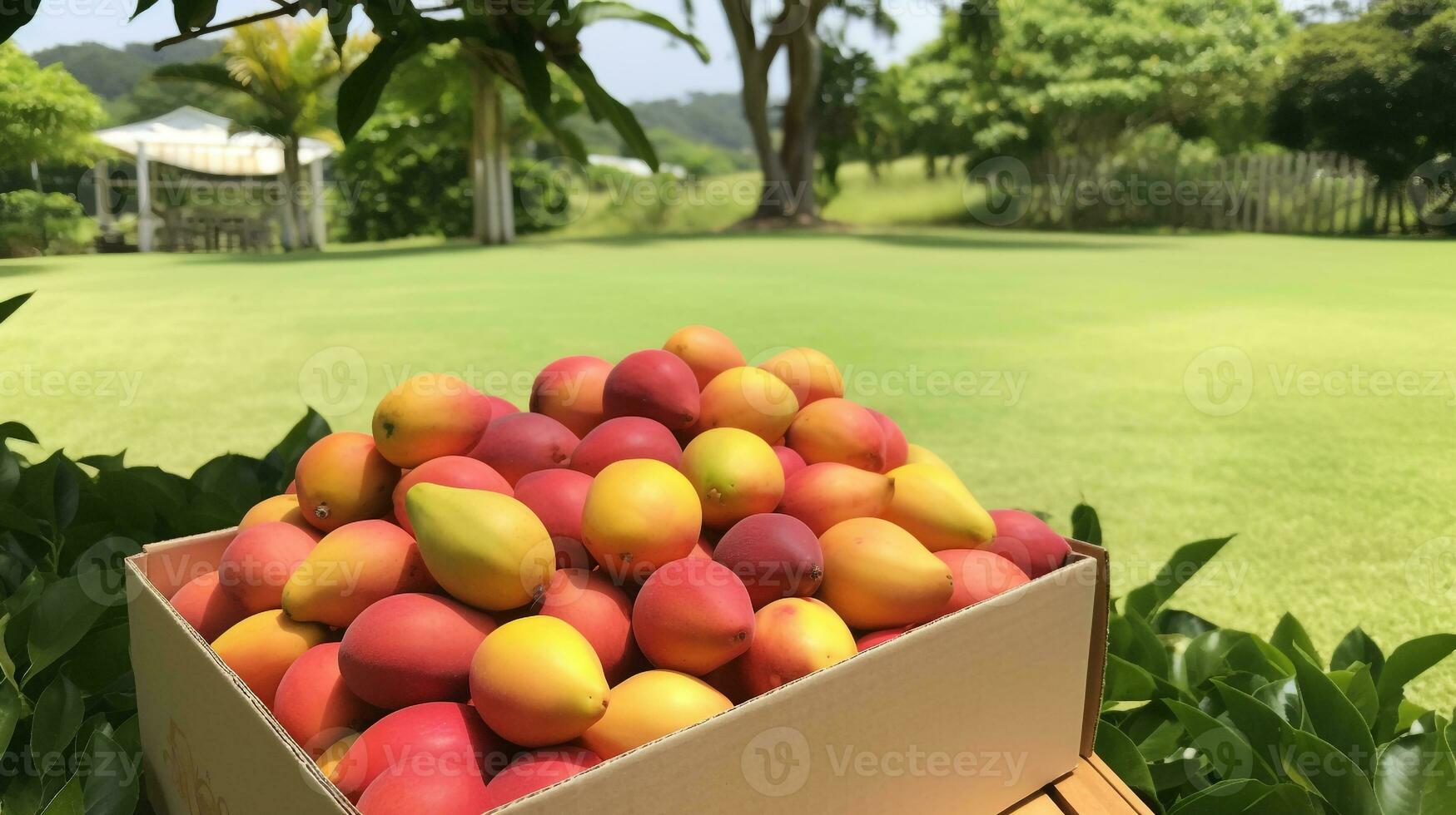 recién escogido saipan mango Fruta desde jardín metido en el cajas generativo ai foto