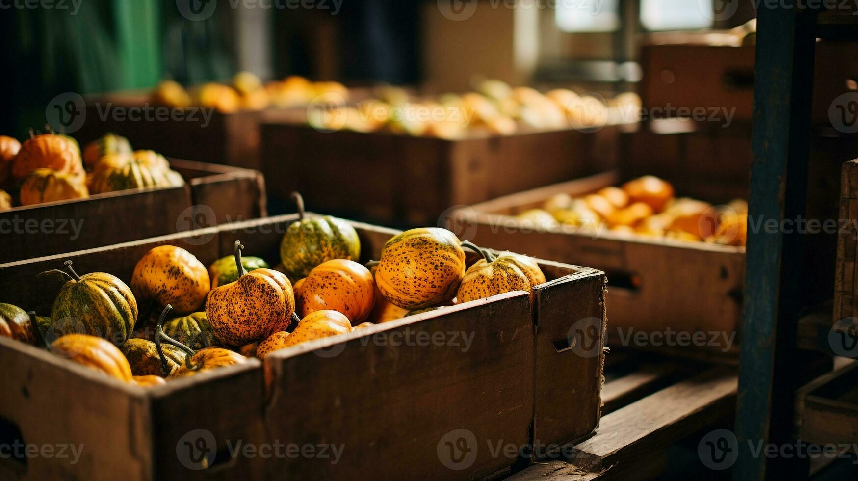 Freshly picked Pumpkin fruit from garden placed in the boxes. Generative AI photo