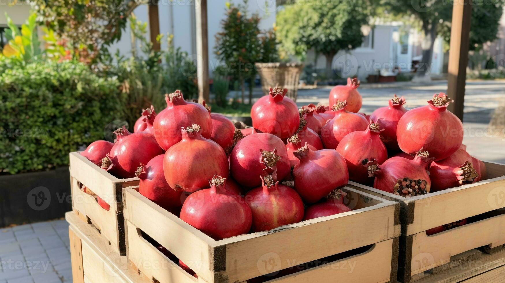 recién escogido granada Fruta desde jardín metido en el cajas generativo ai foto