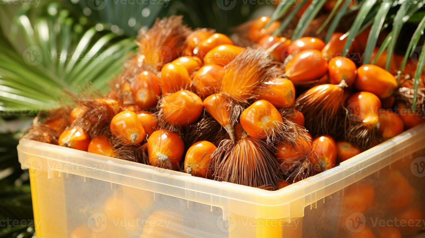 recién escogido palma Fruta desde jardín metido en el cajas generativo ai foto