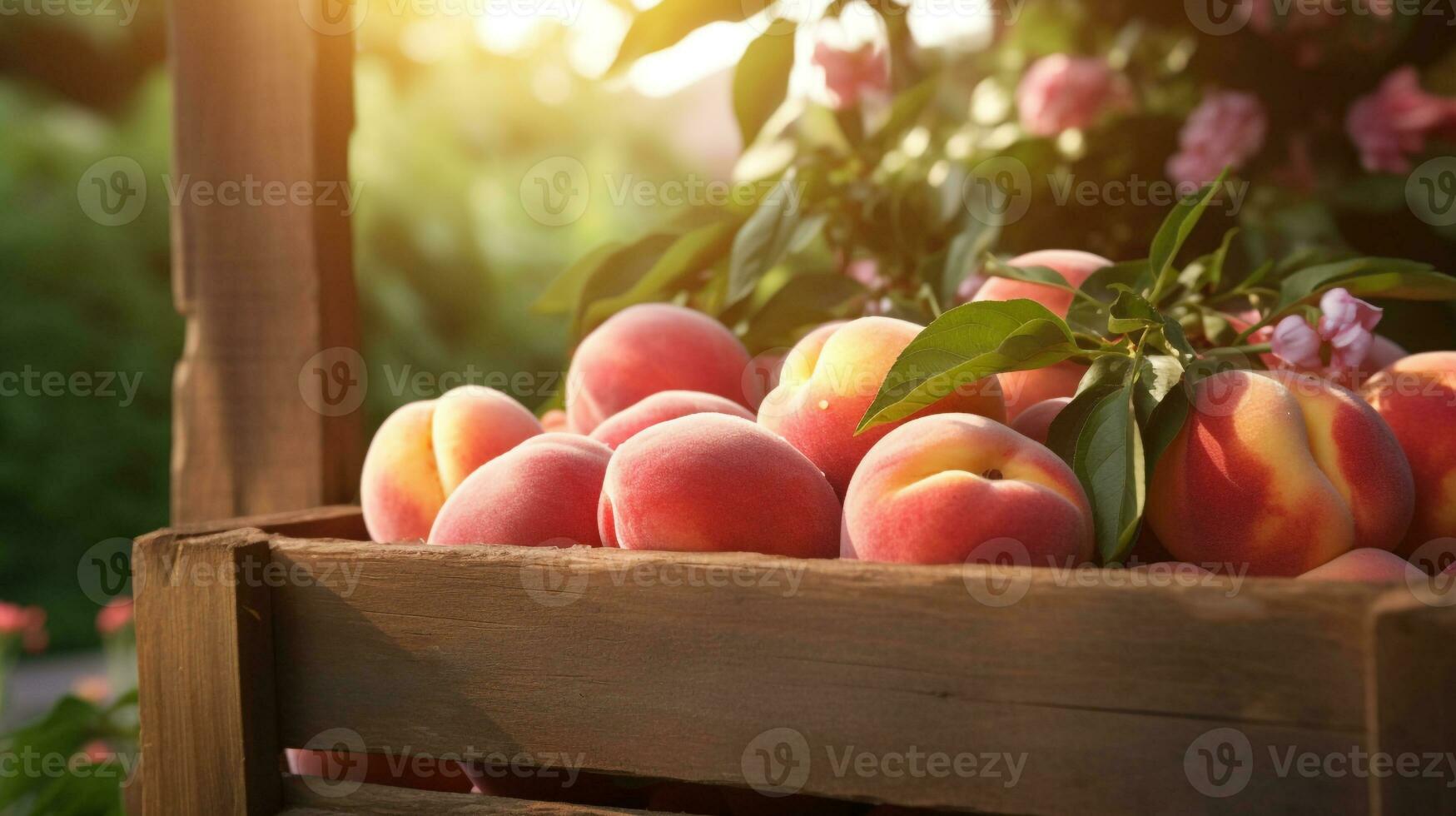 Freshly picked Peach fruit from garden placed in the boxes. Generative AI photo