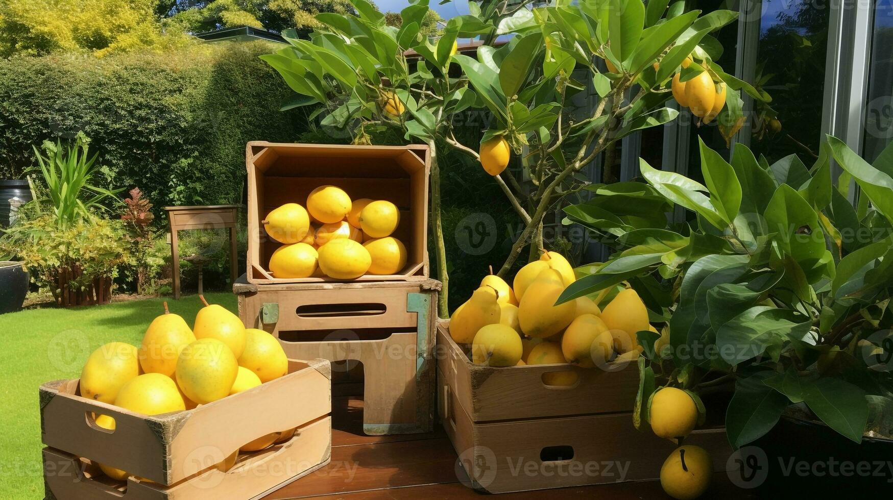 recién escogido mundu Fruta desde jardín metido en el cajas generativo ai foto