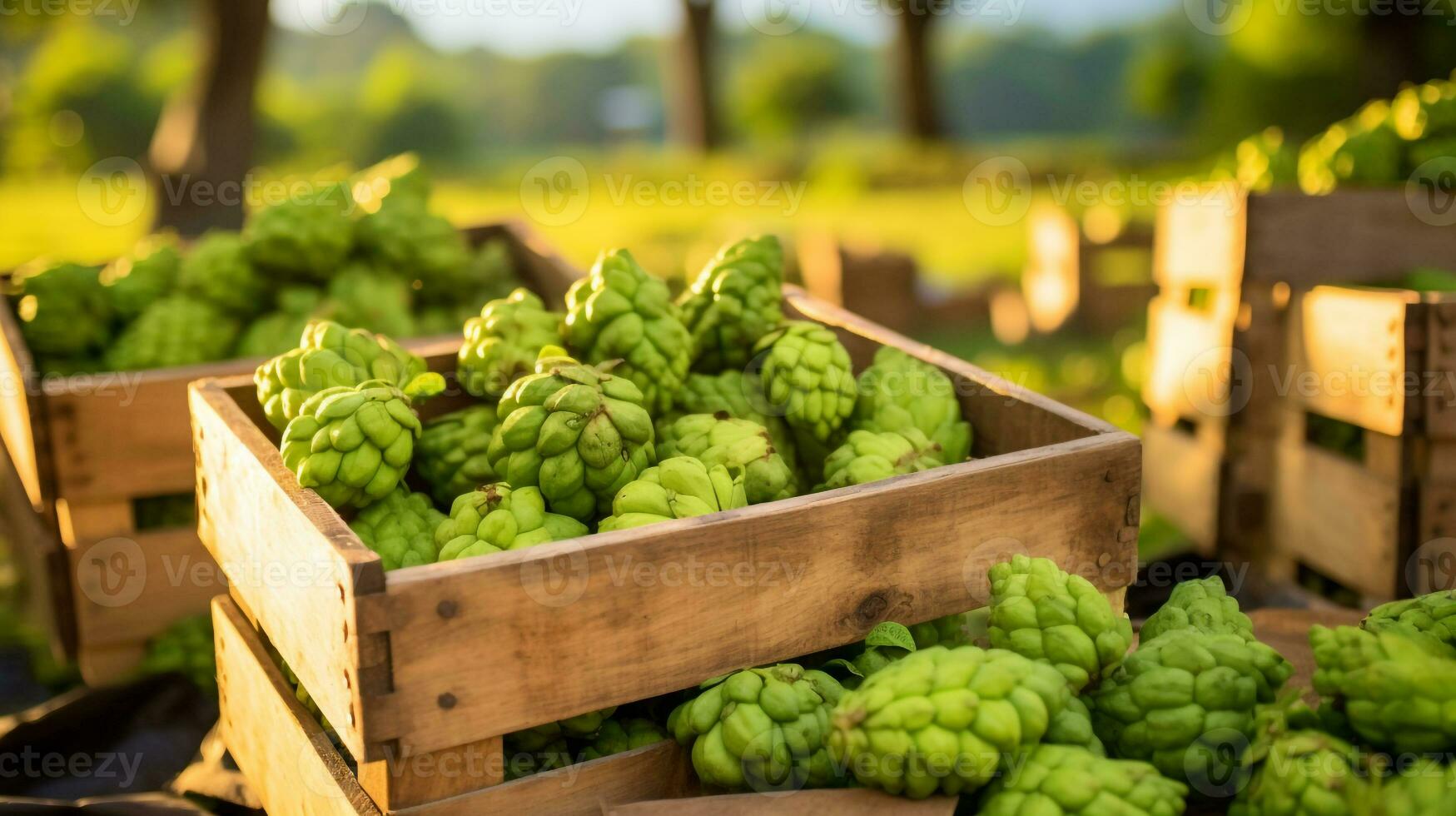 recién escogido noni Fruta desde jardín metido en el cajas generativo ai foto