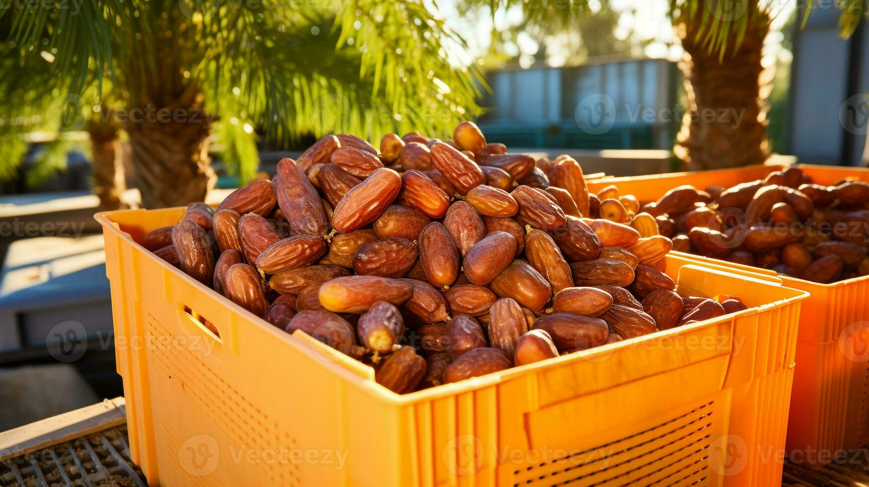 Freshly picked Date fruit from garden placed in the boxes. Generative AI photo