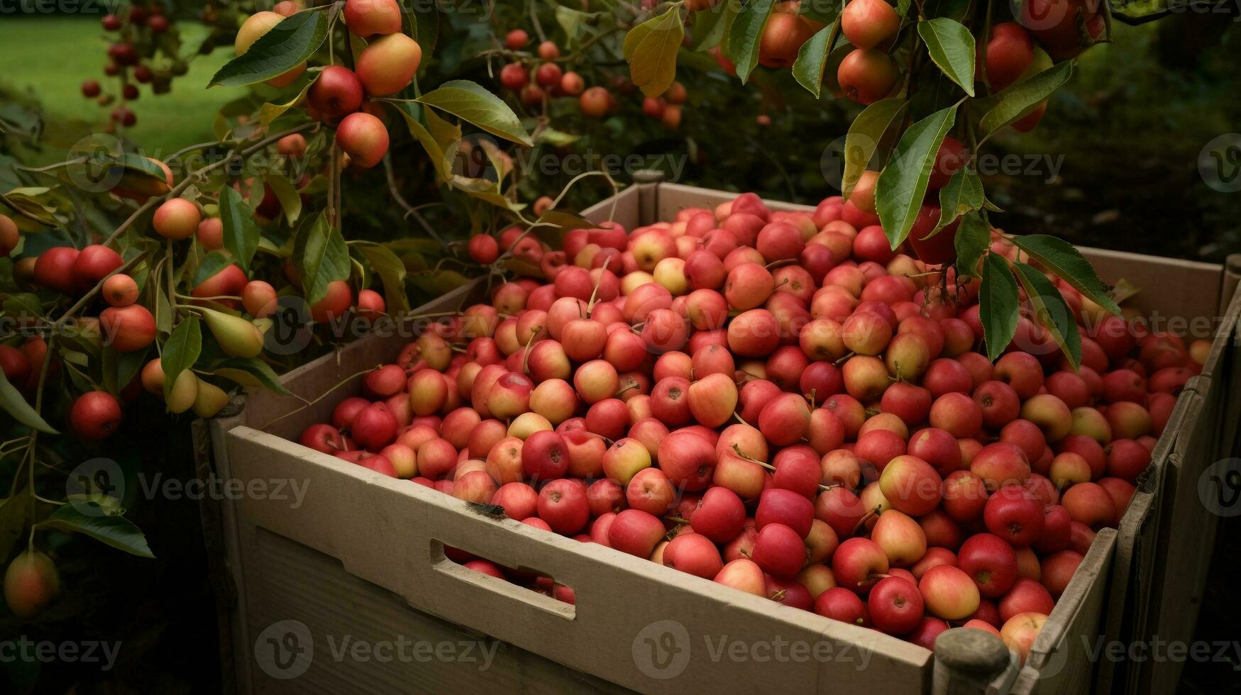 recién escogido cangrejo manzanas Fruta desde jardín metido en el cajas generativo ai foto