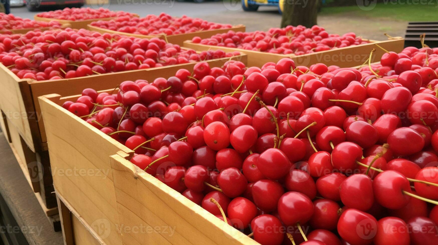 Freshly picked Cherry fruit from garden placed in the boxes. Generative AI photo