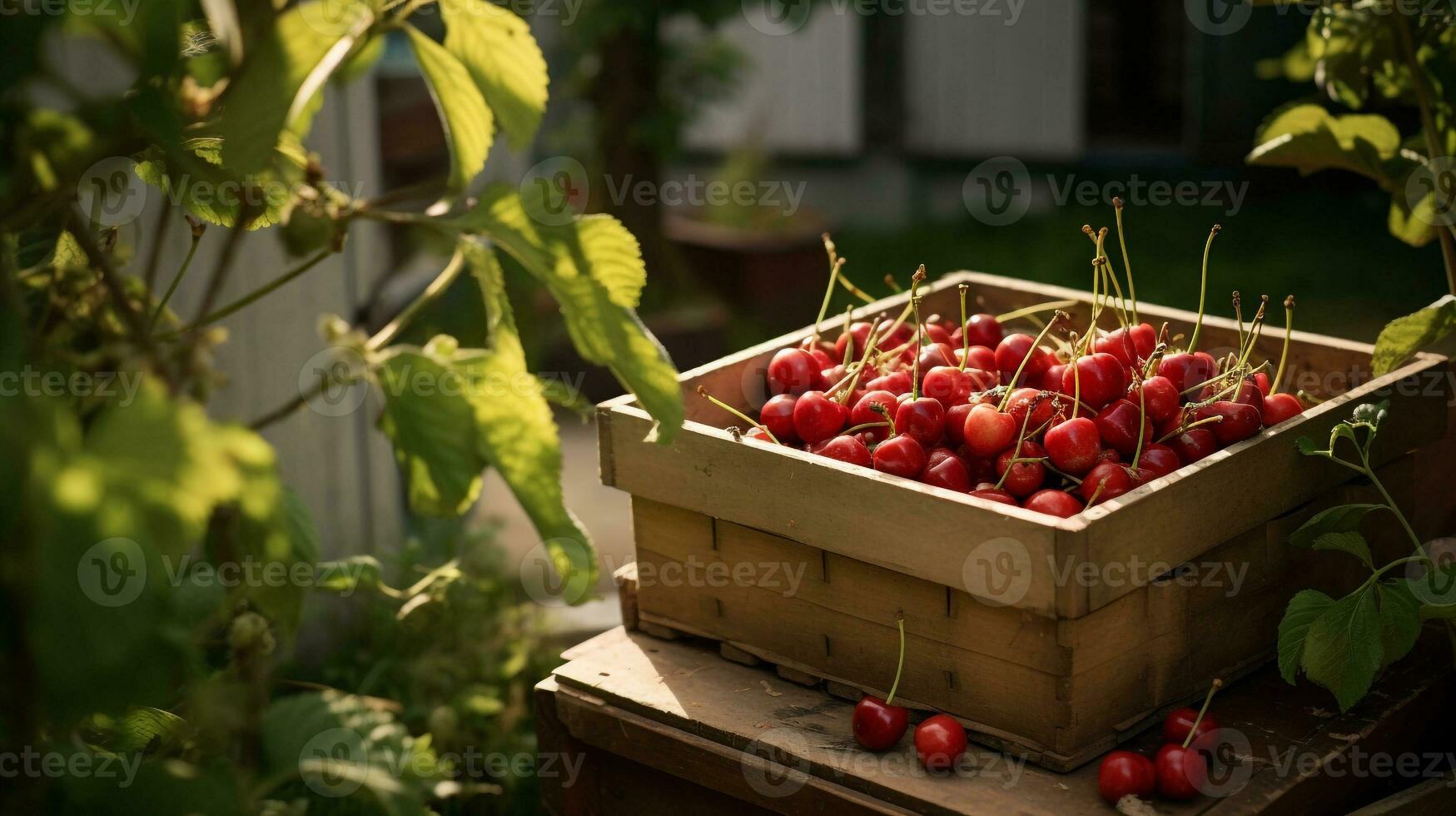 Freshly picked Cherry fruit from garden placed in the boxes. Generative AI photo