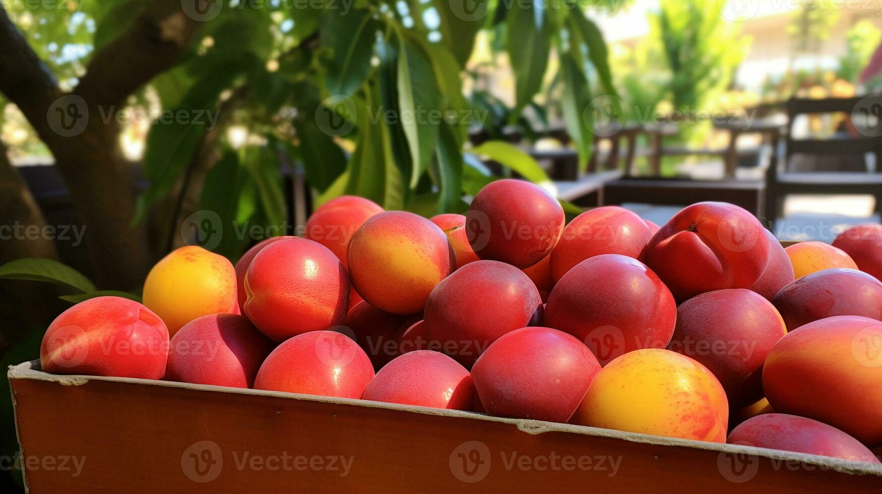 recién escogido chico Fruta desde jardín metido en el cajas generativo ai foto