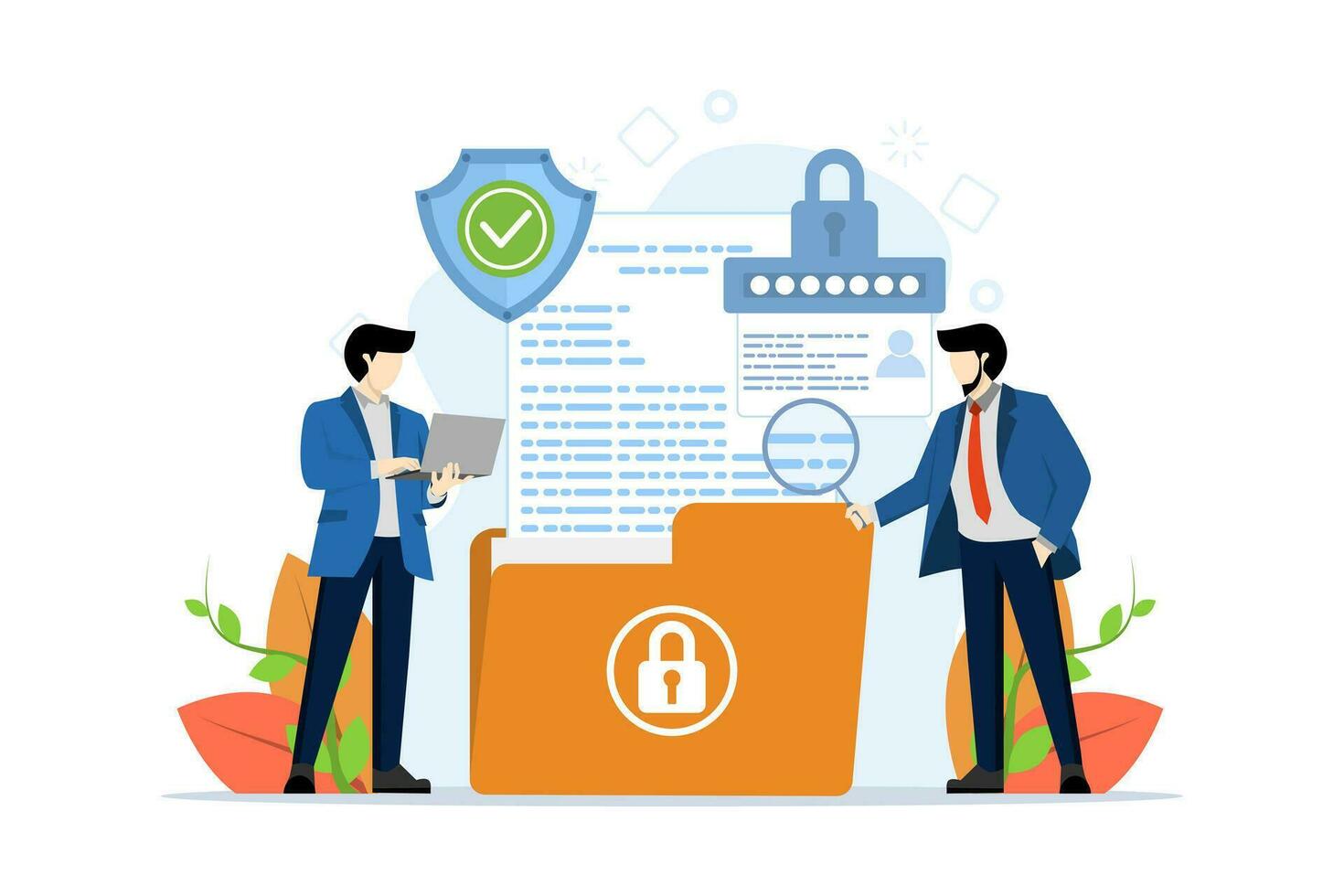 Cyber security concept. Database and personal data security, cyber data security, privacy. people protect personal information with software. flat design concept illustration template on background. vector