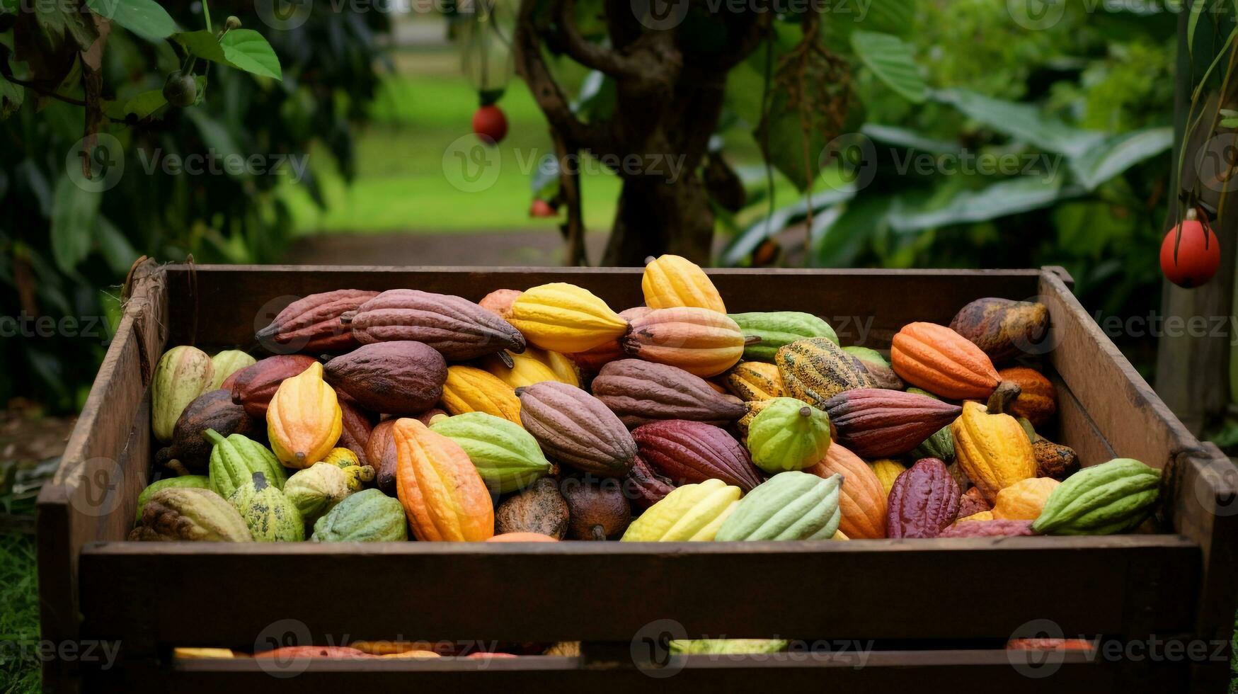 recién escogido cacao Fruta desde jardín metido en el cajas generativo ai foto